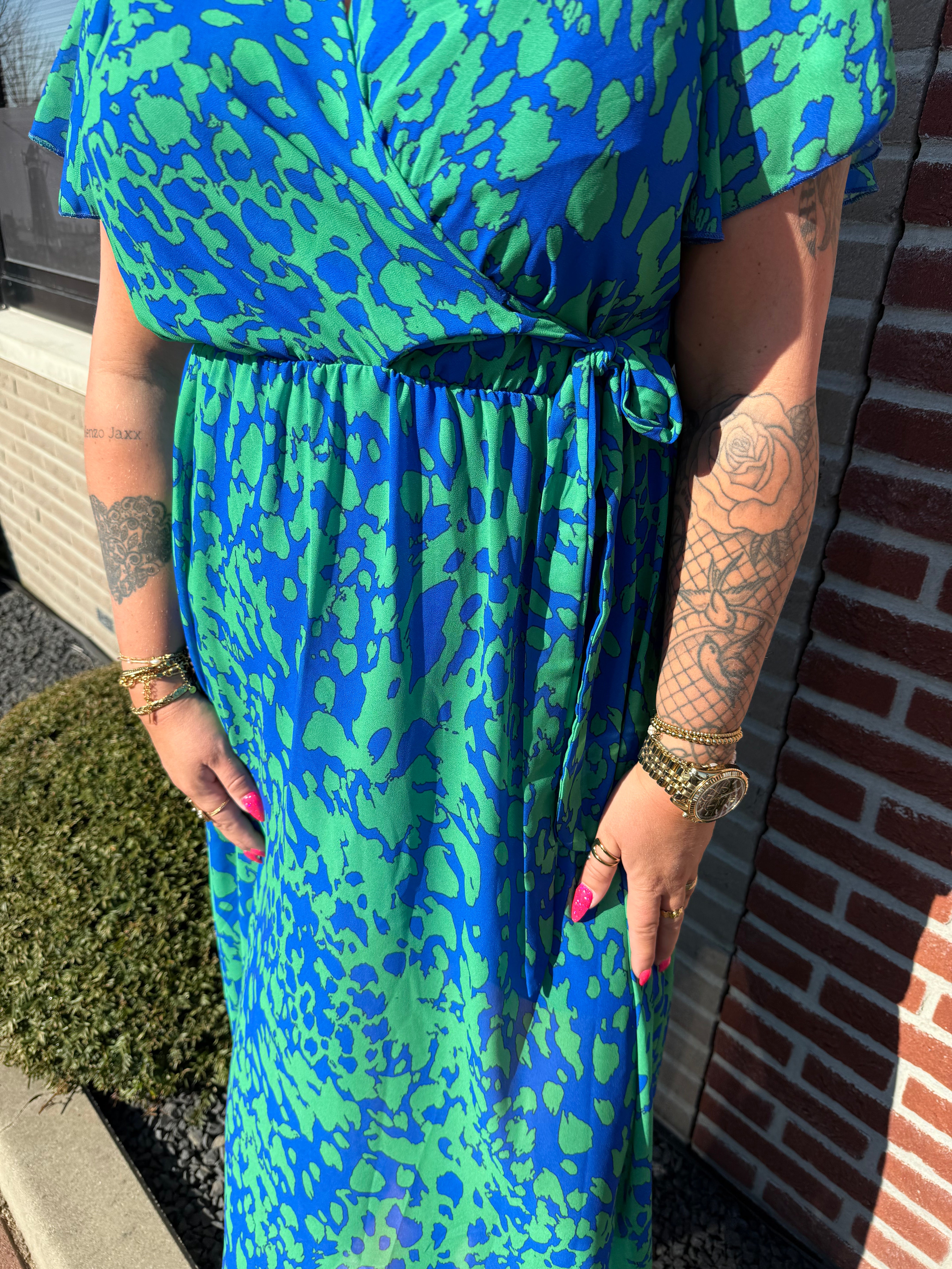 Maxi jurk met strik print gevlekt blauw/groen