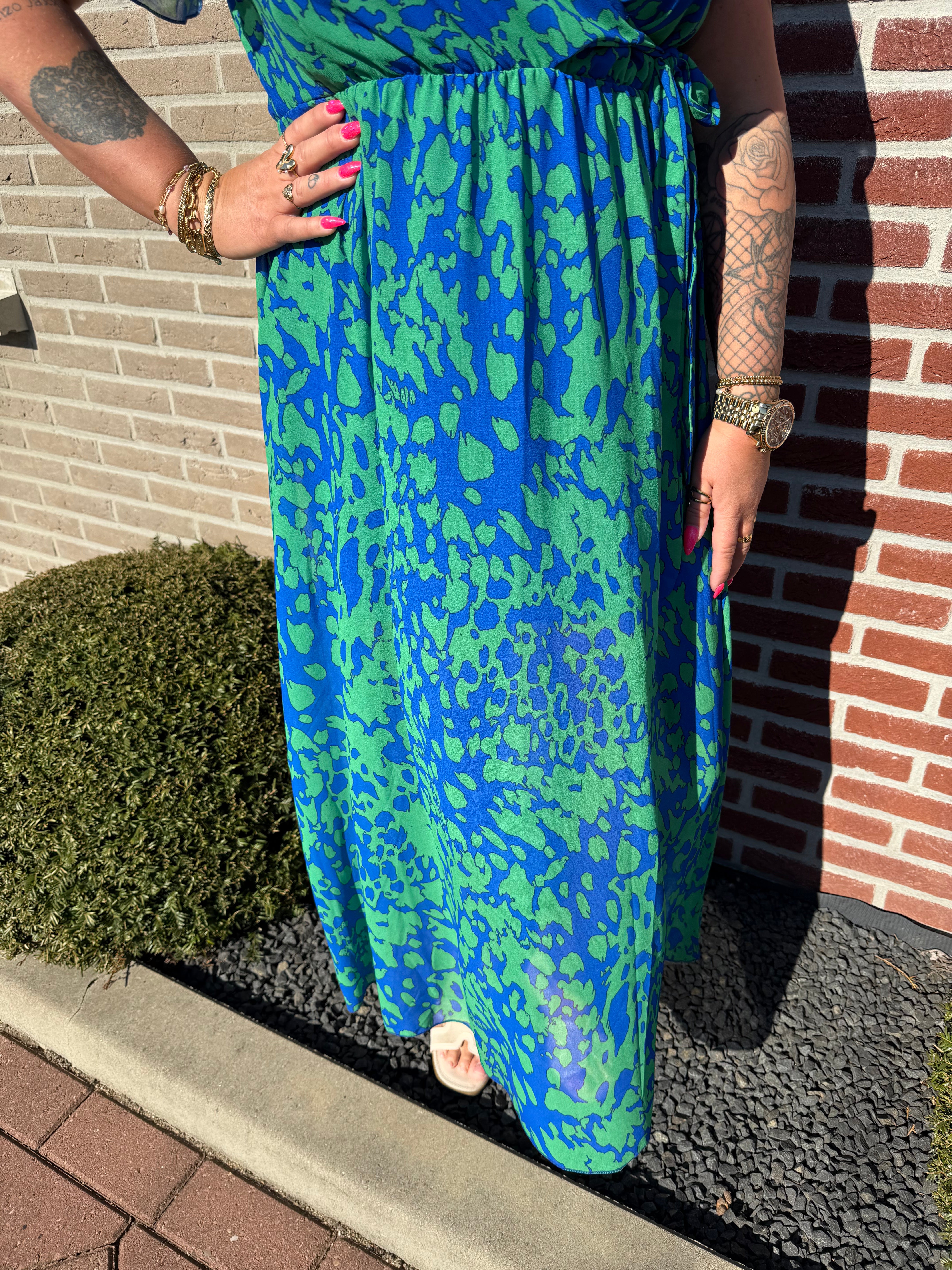 Maxi jurk met strik print gevlekt blauw/groen
