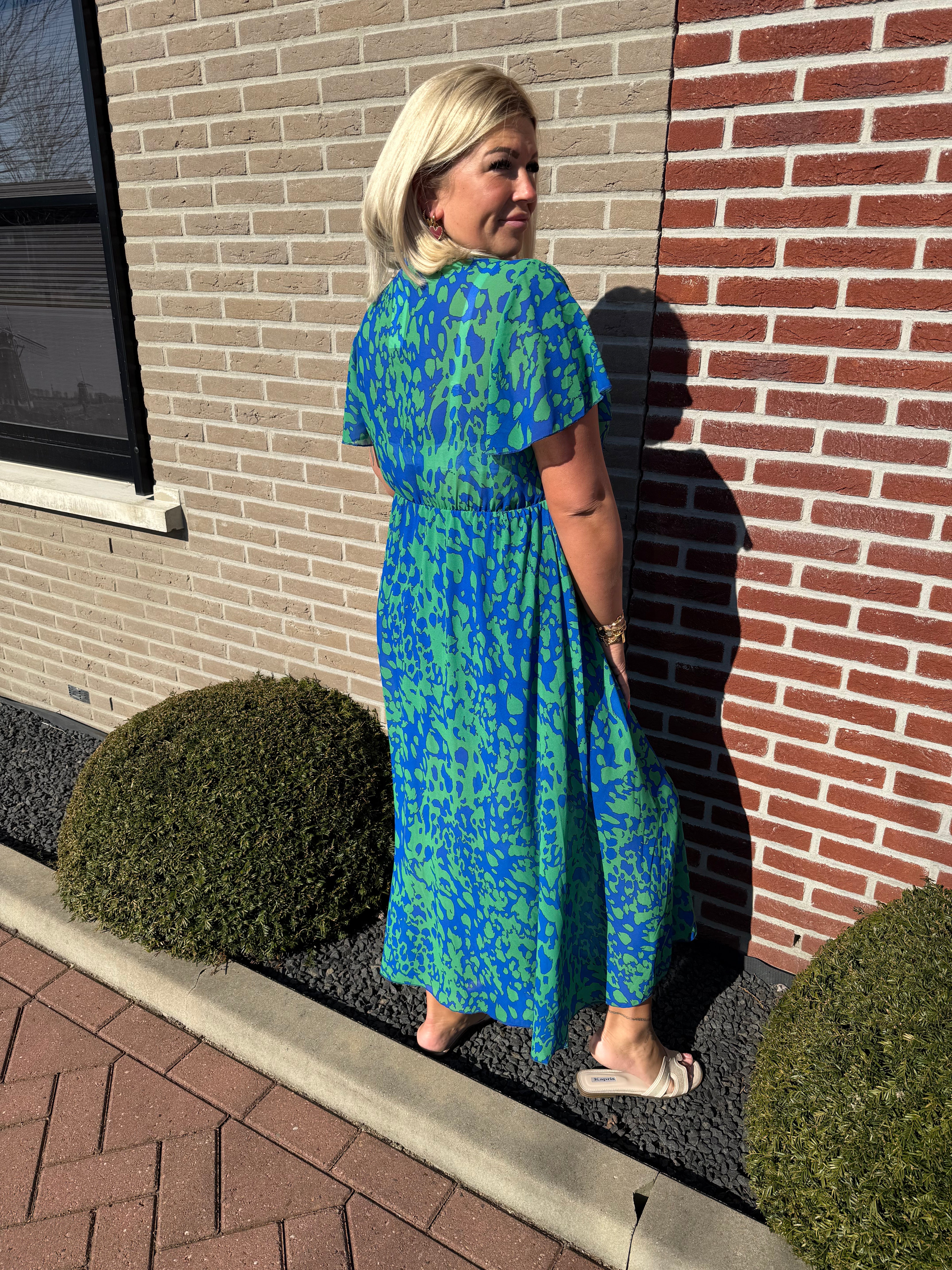 Maxi jurk met strik print gevlekt blauw/groen