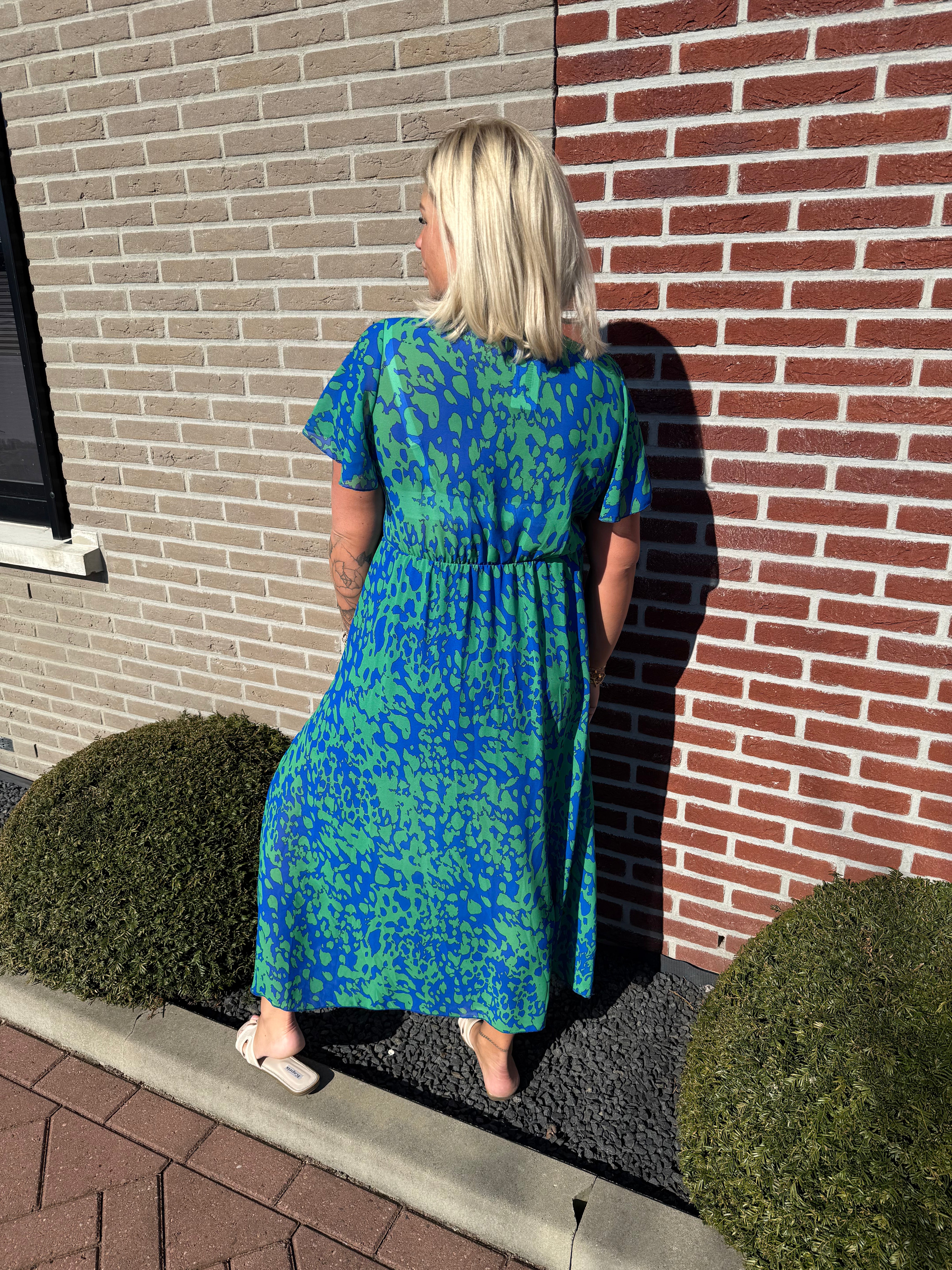 Maxi jurk met strik print gevlekt blauw/groen
