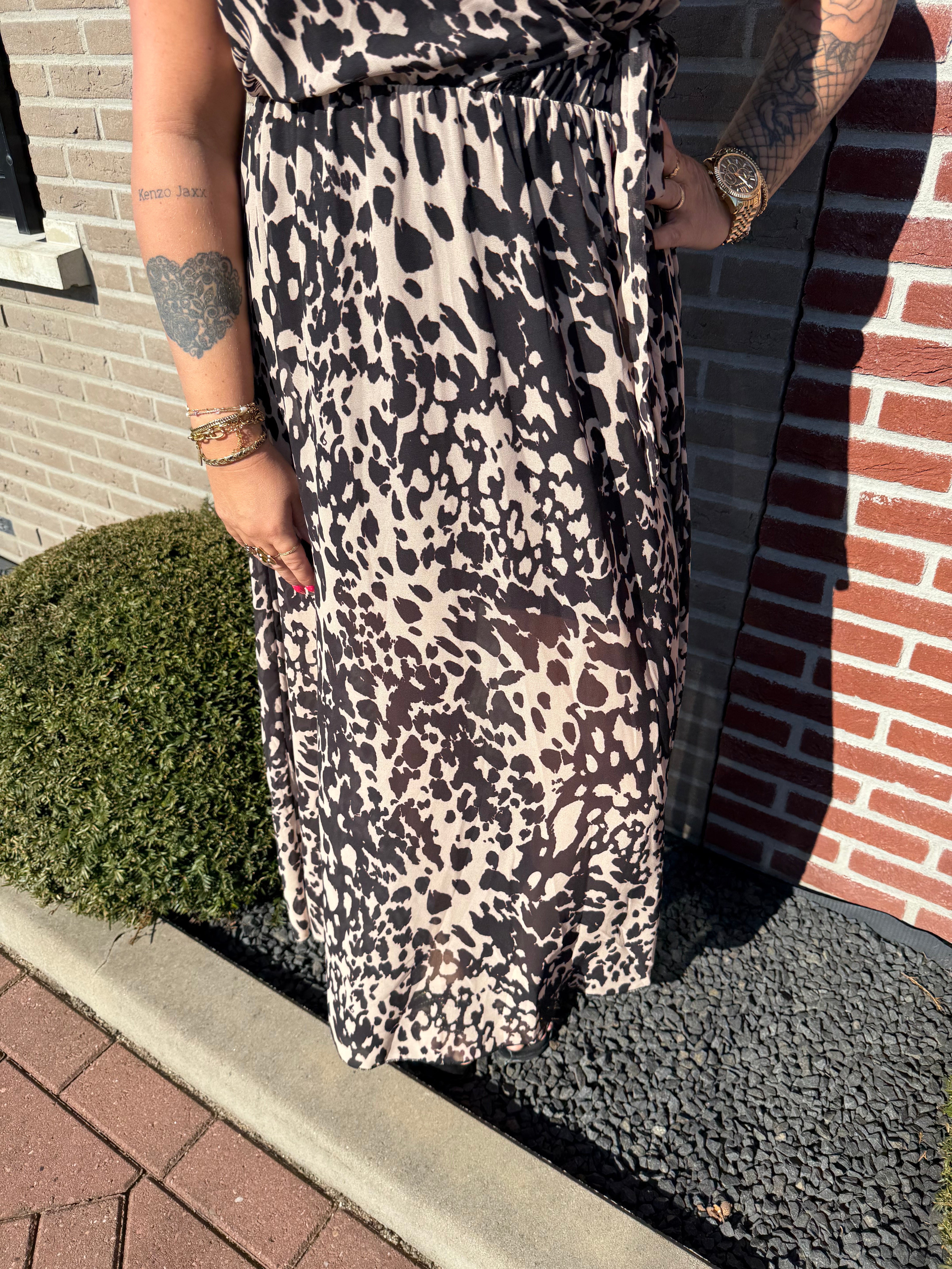Maxi jurk met strik print gevlekt zwart/beige