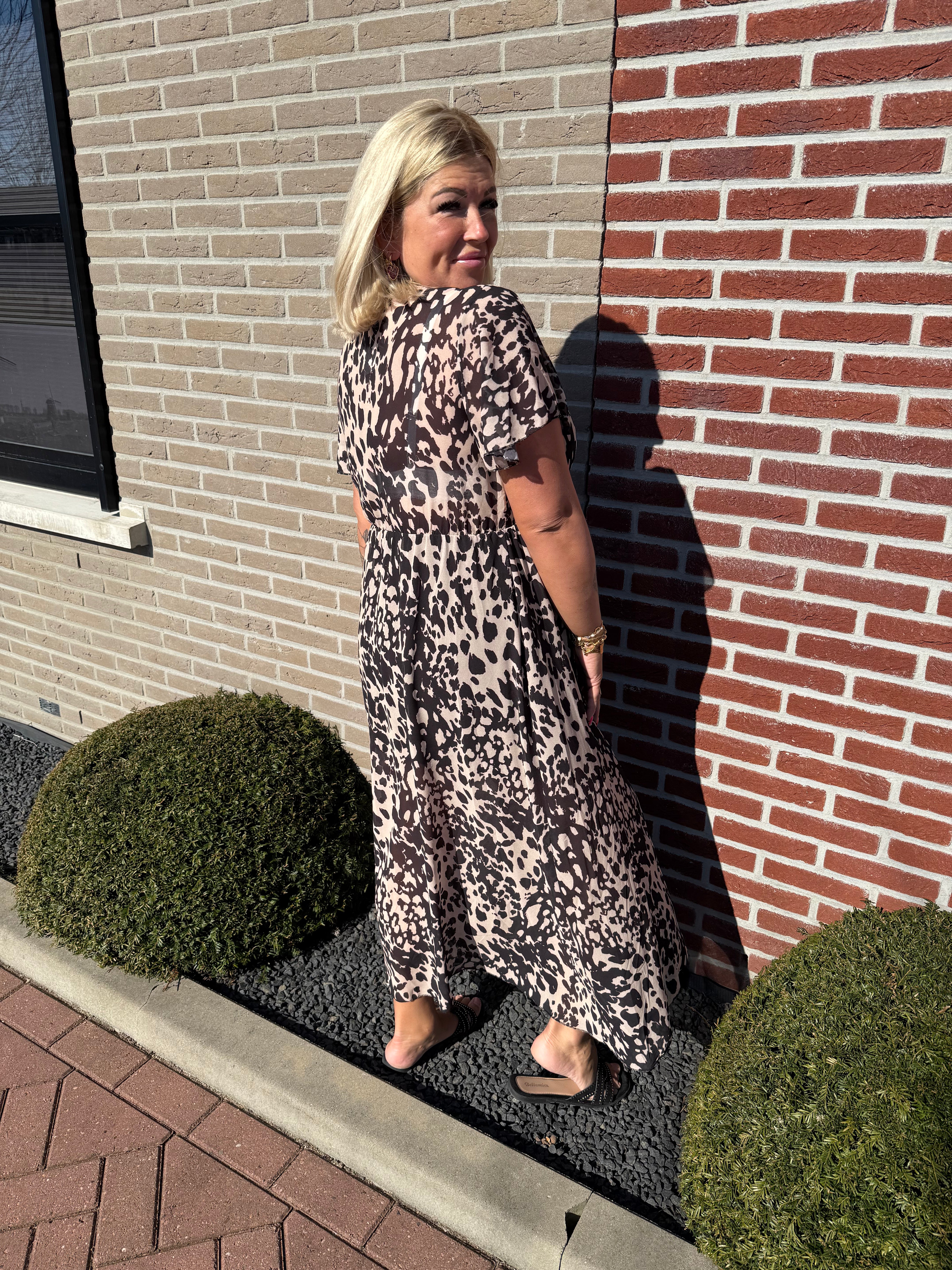 Maxi jurk met strik print gevlekt zwart/beige