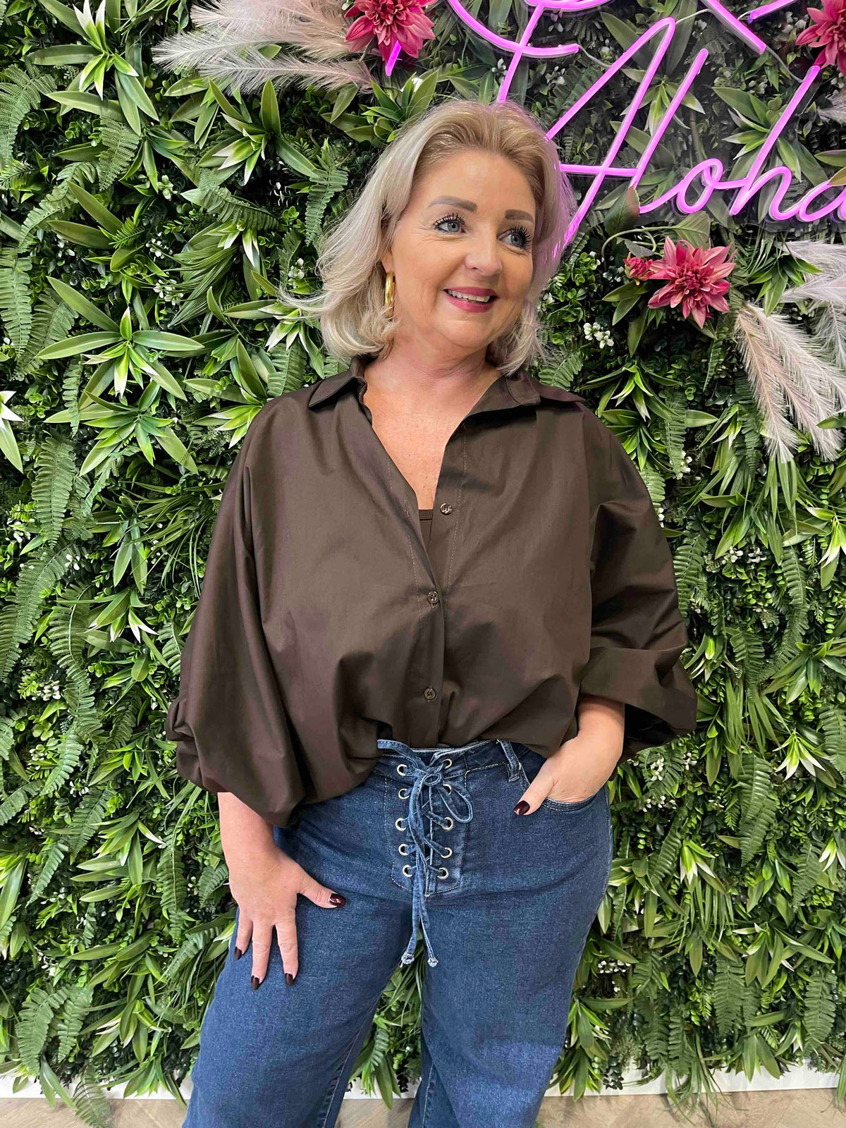 Blouse uni met vleermuismouwen donkerbruin