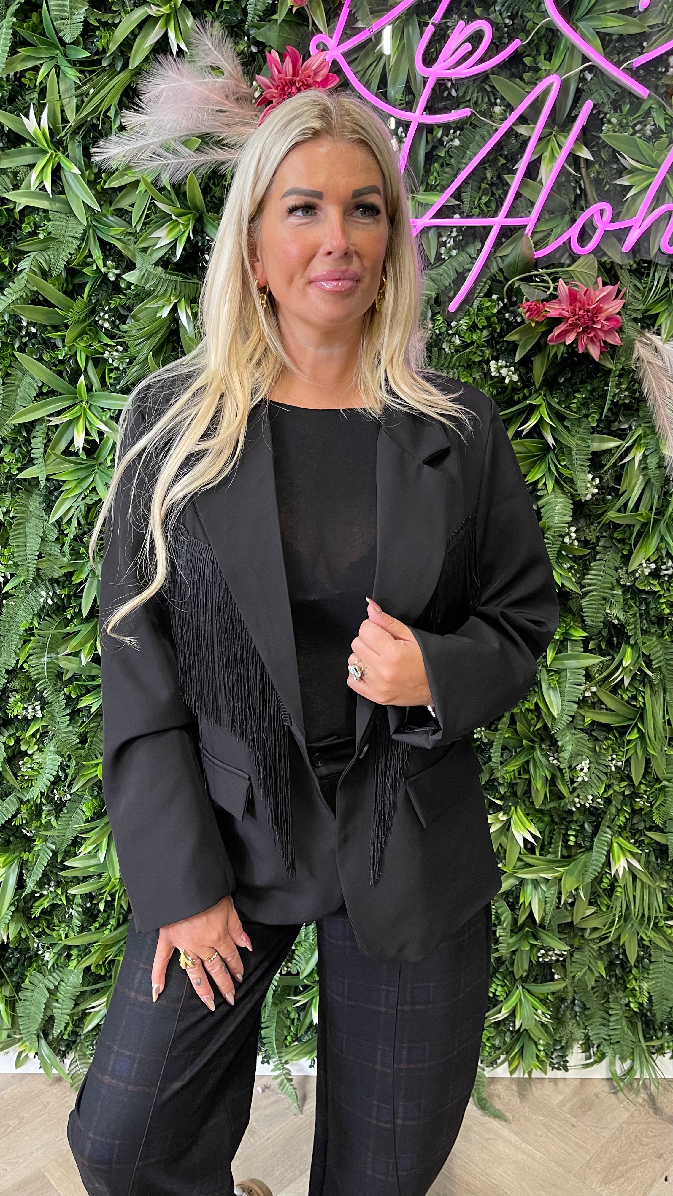 Blazer met franjes uni zwart
