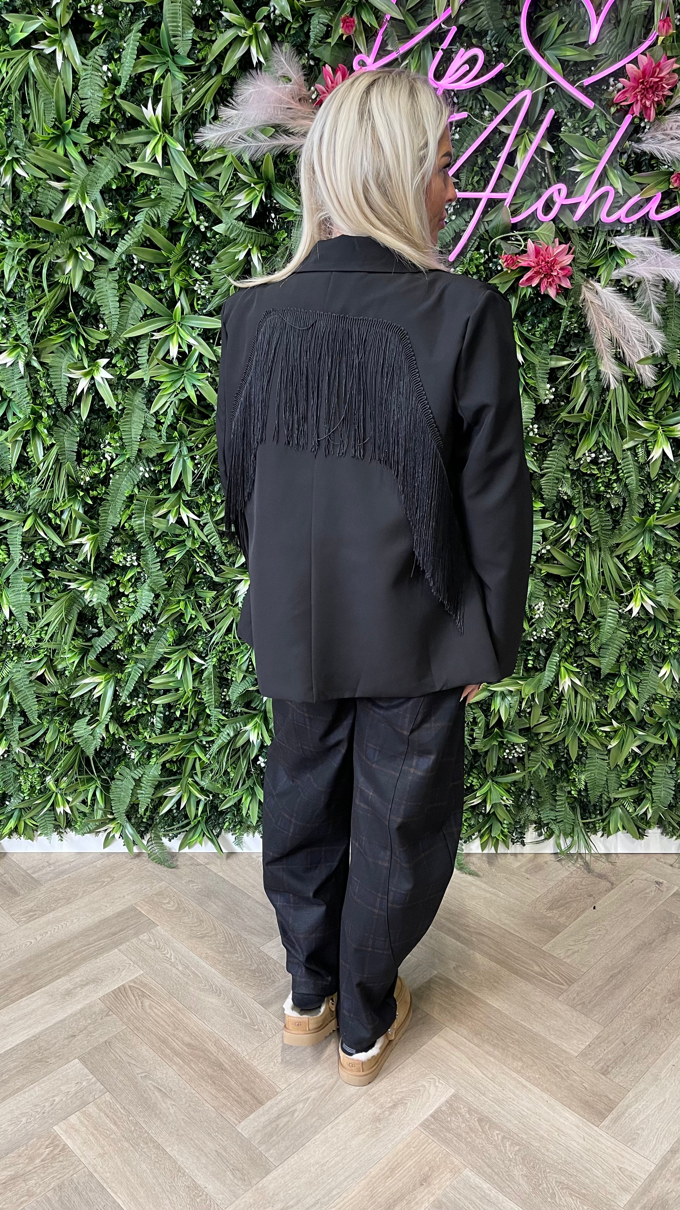 Blazer met franjes uni zwart