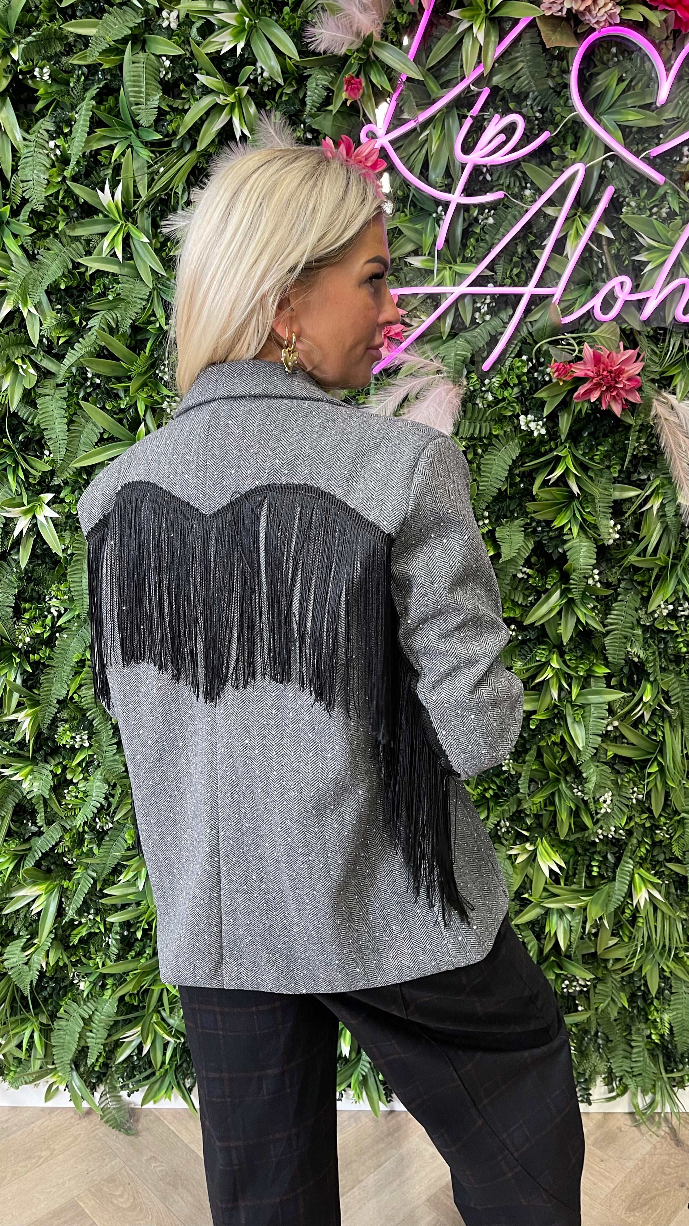 Blazer strass met franjes 3/4e mouwen donkergrijs