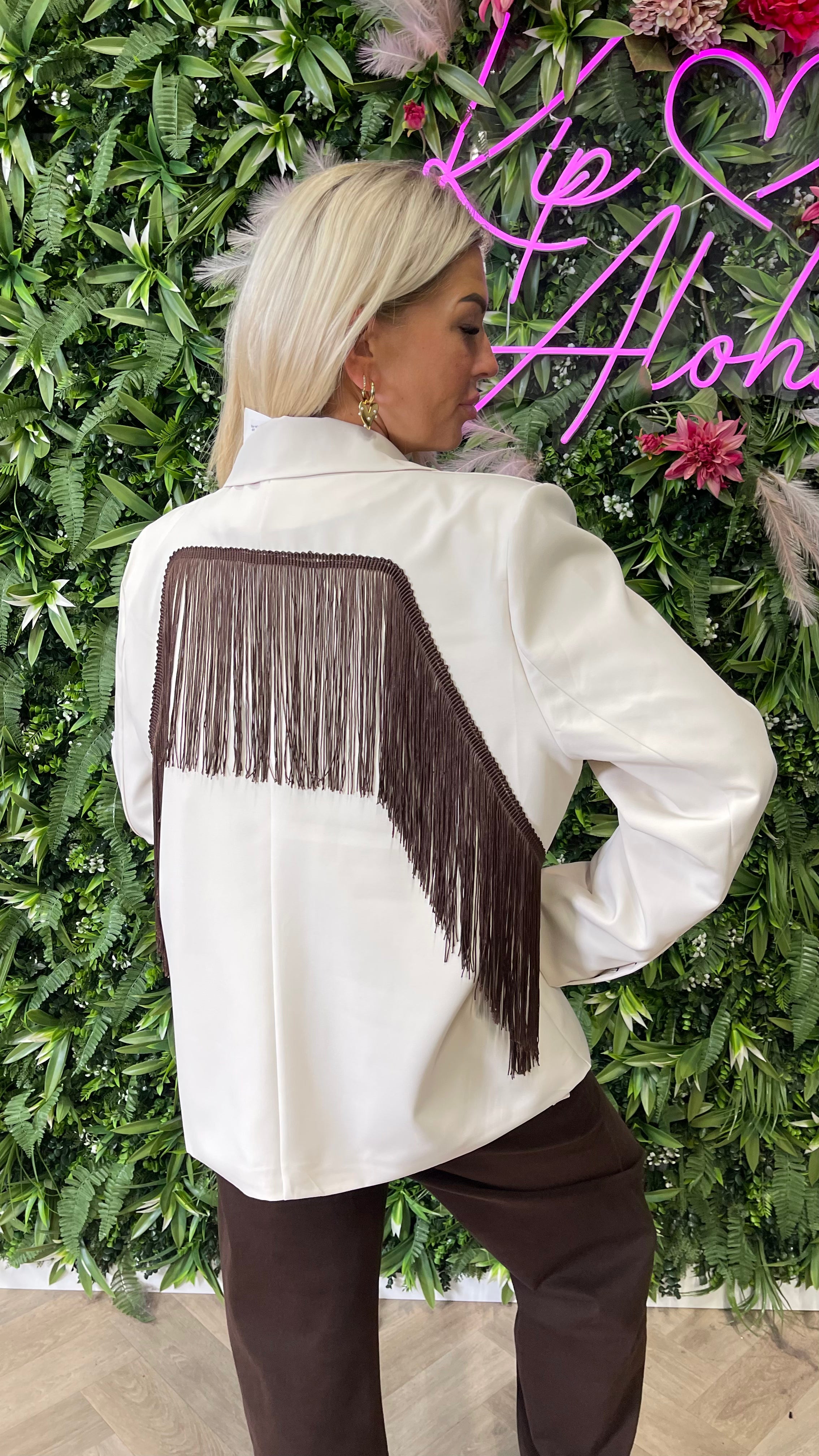 Blazer met franjes uni beige