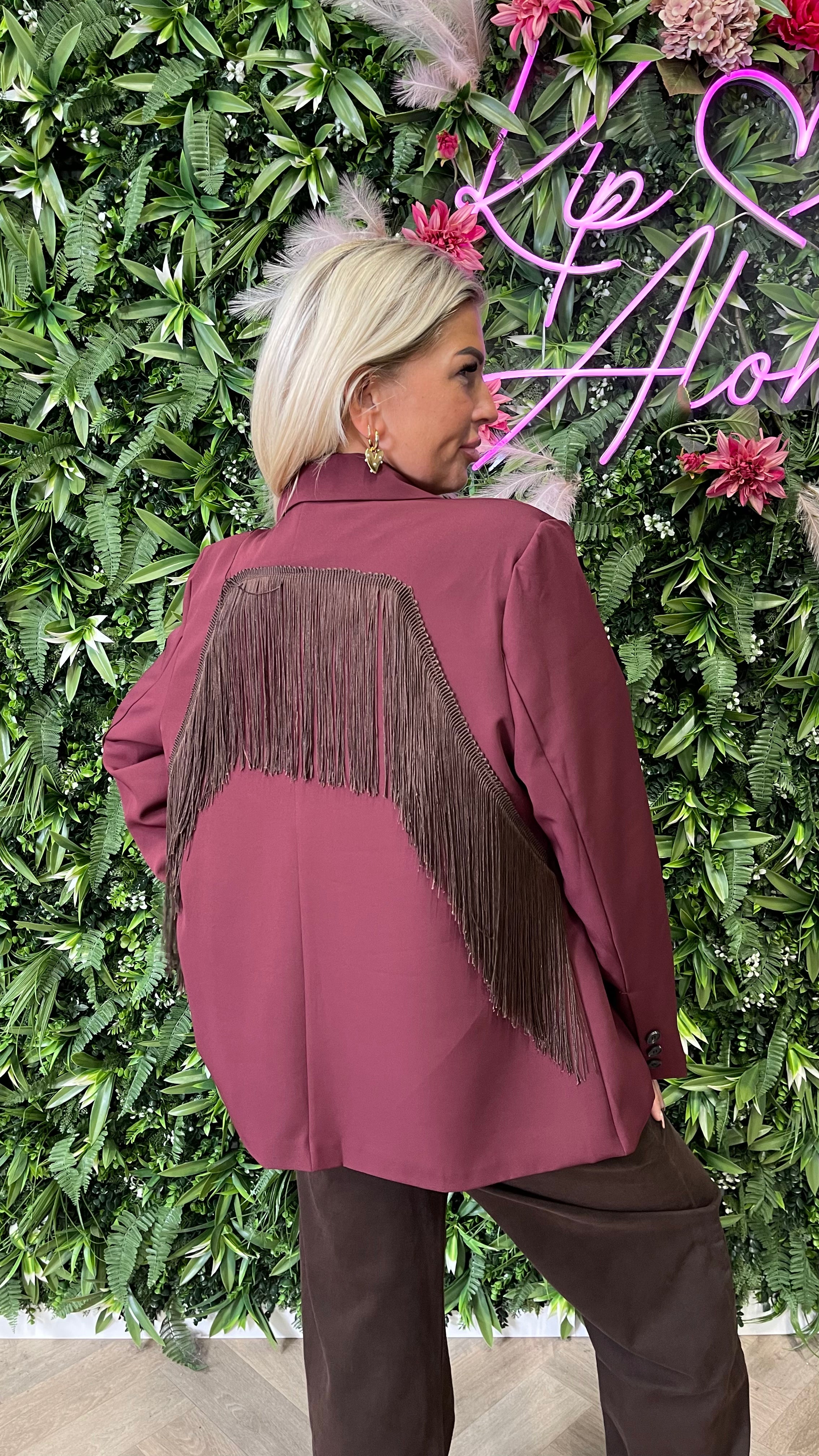 Blazer met franjes uni aubergine