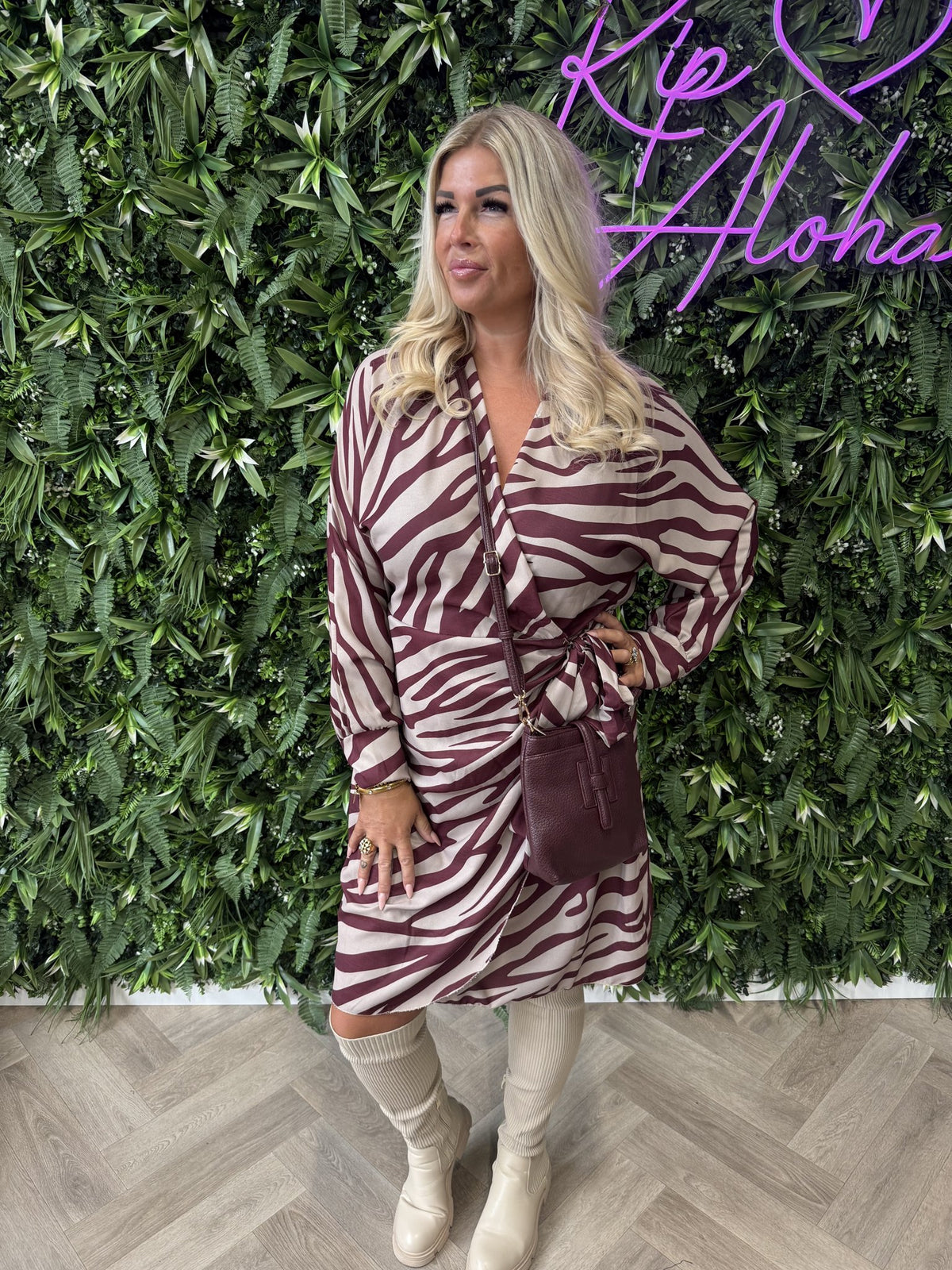 Overslag jurk met print zebra bordeaux