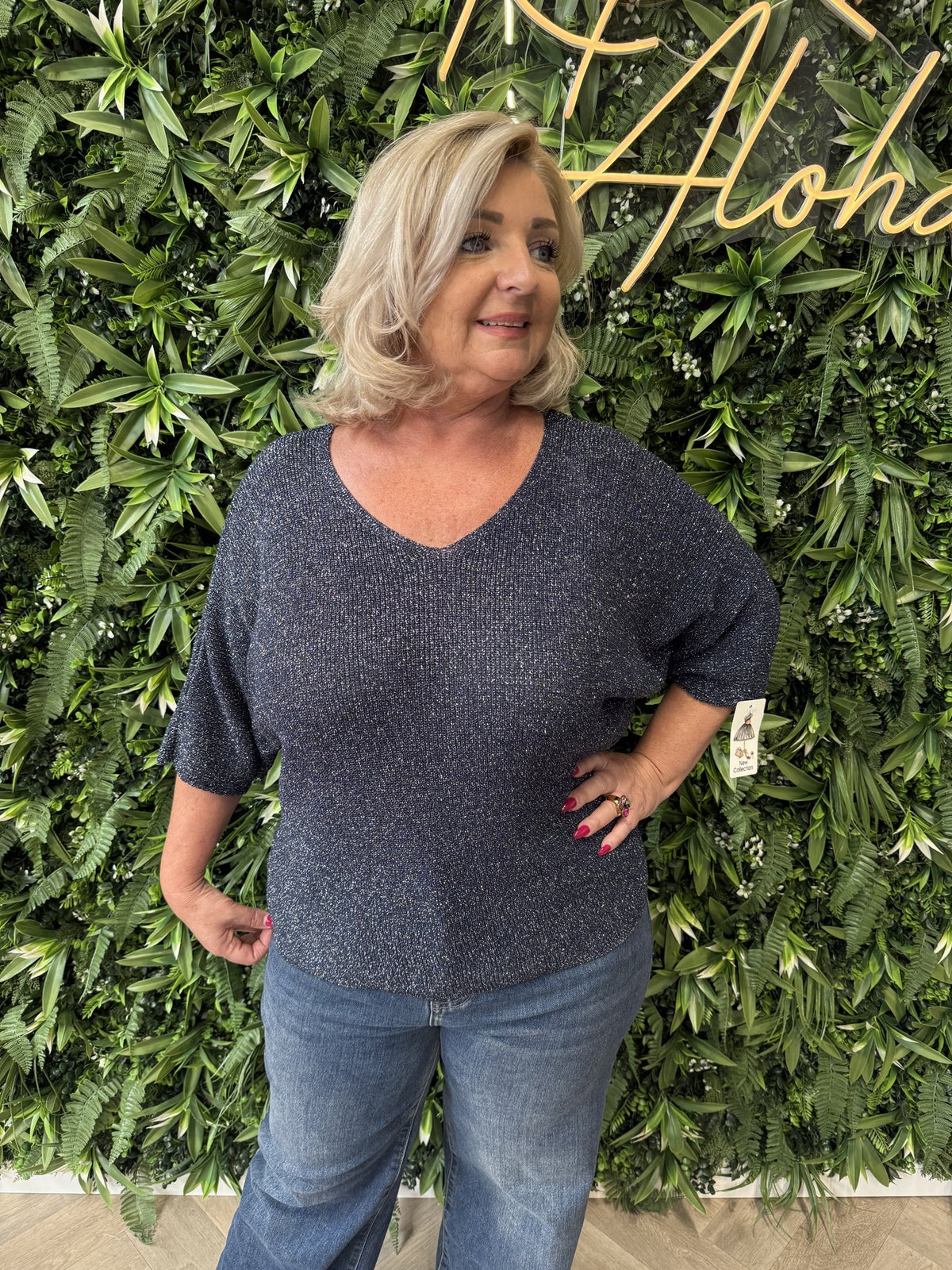 Gebreide top v-hals met lurex marineblauw