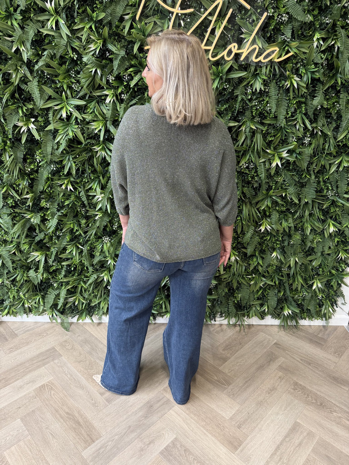 Gebreide top v-hals met lurex legergroen