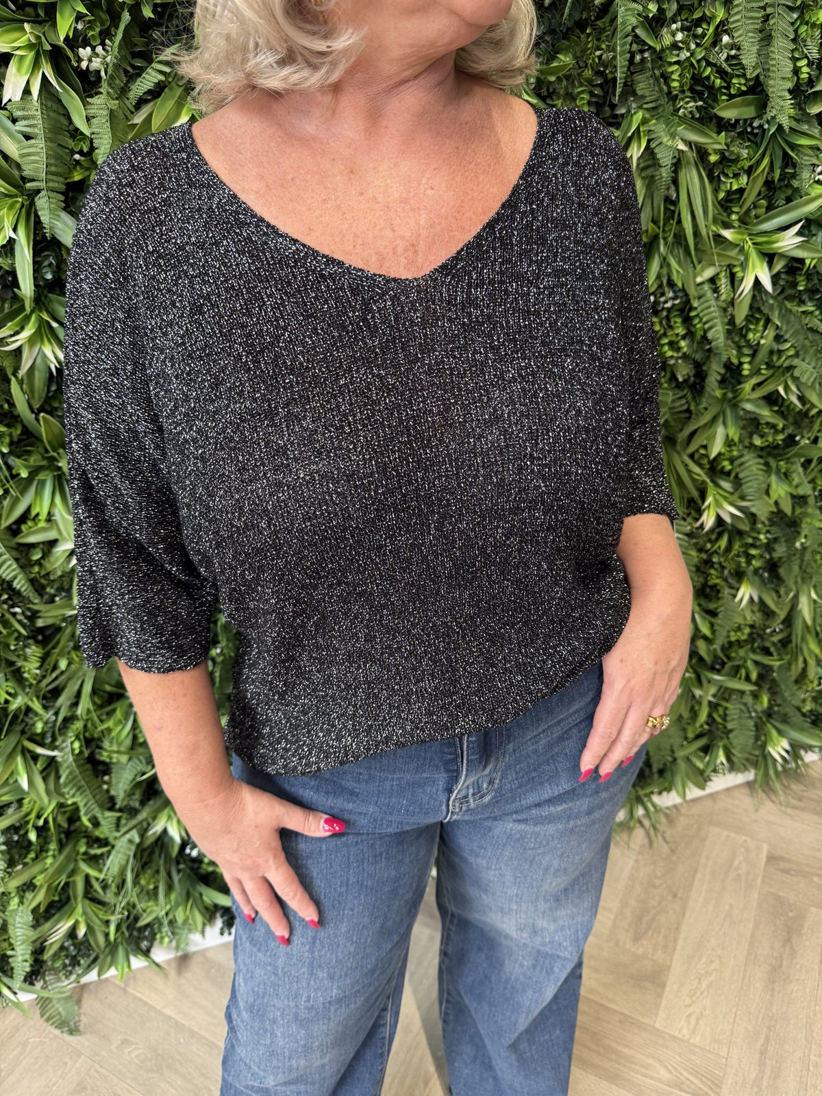 Gebreide top v-hals met lurex zwart