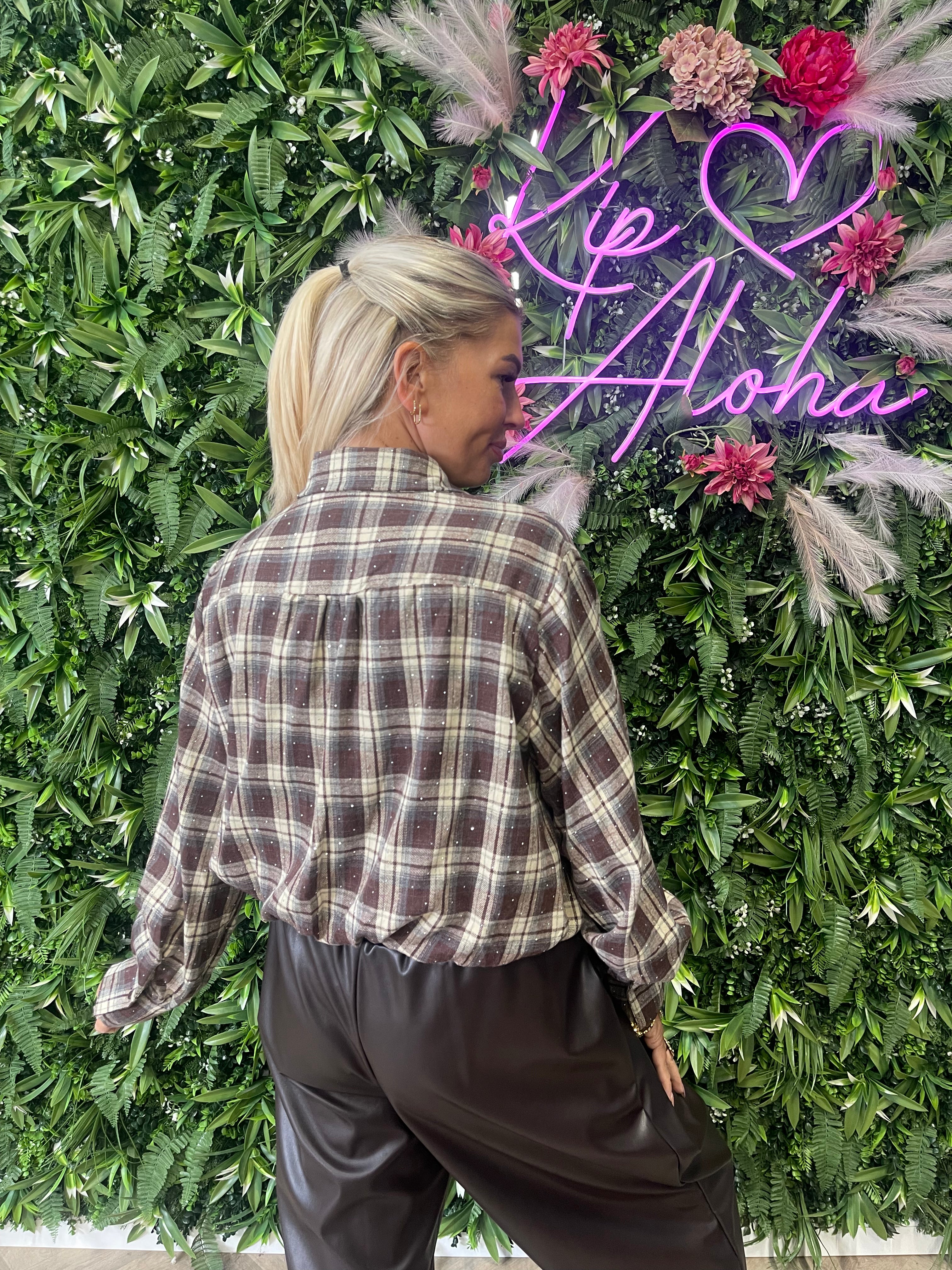 Houthakker cropped blouse met strass bruin