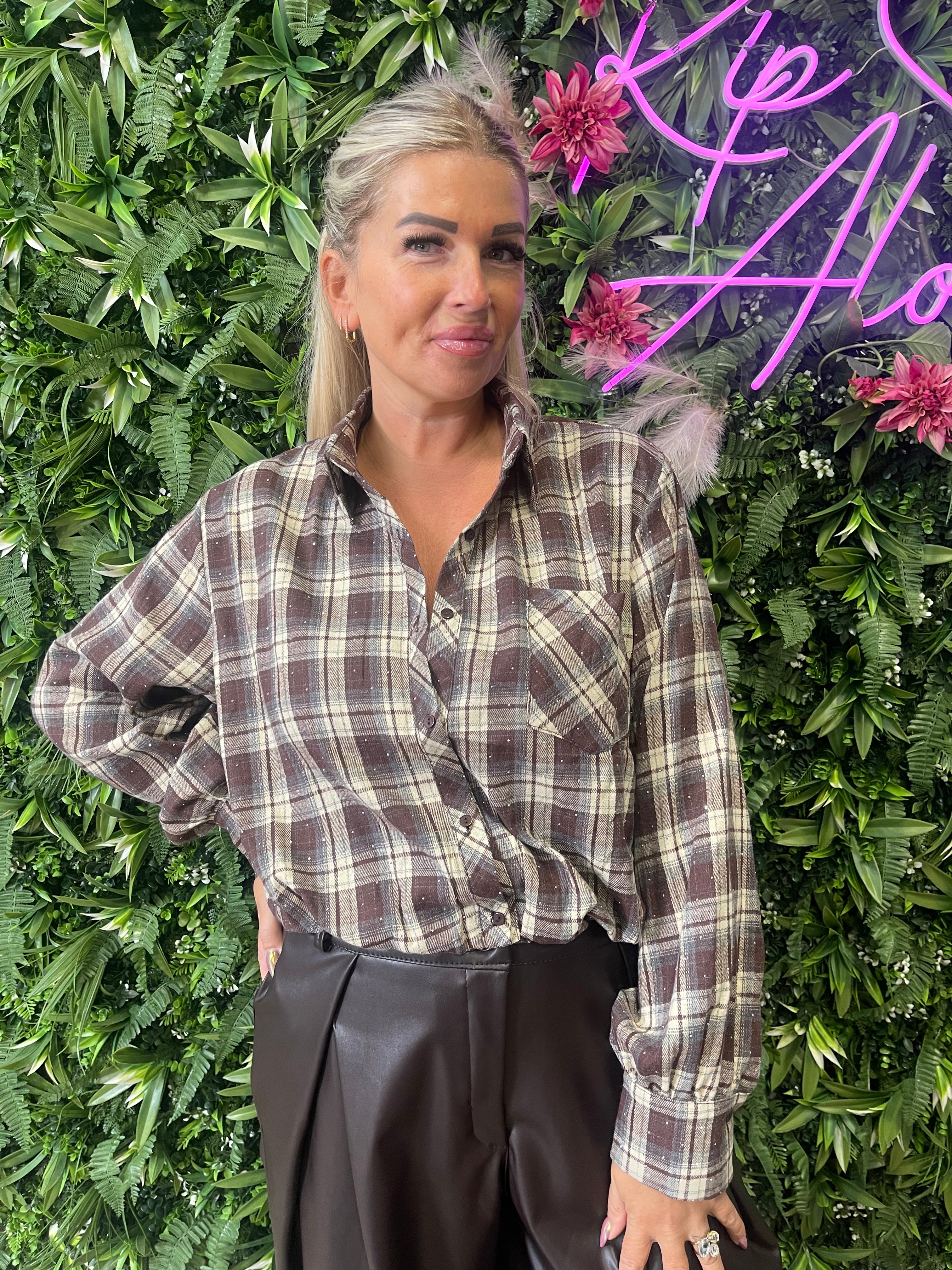 Houthakker cropped blouse met strass bruin
