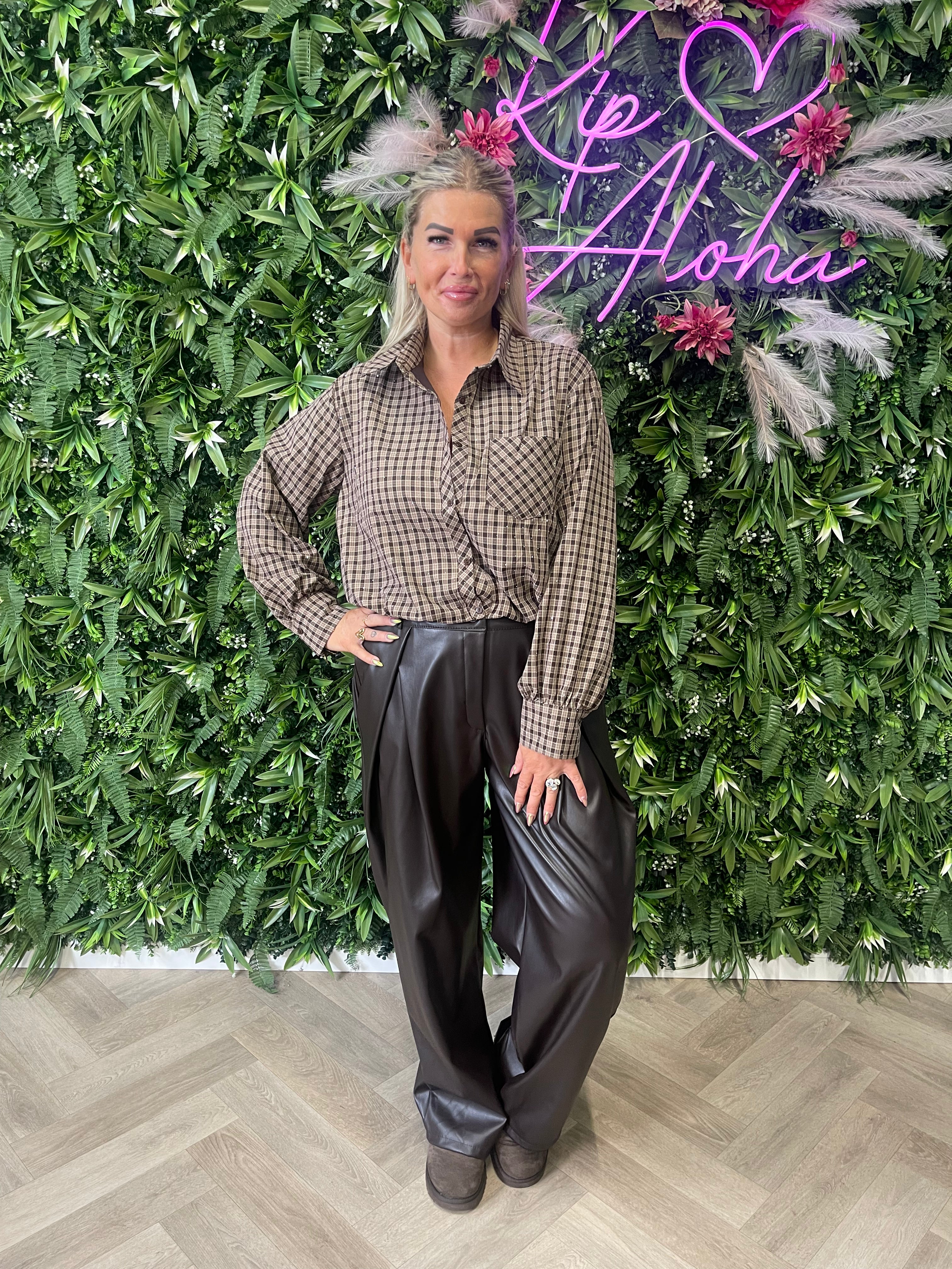 Cropped blouse houthakker strass lichtbruin