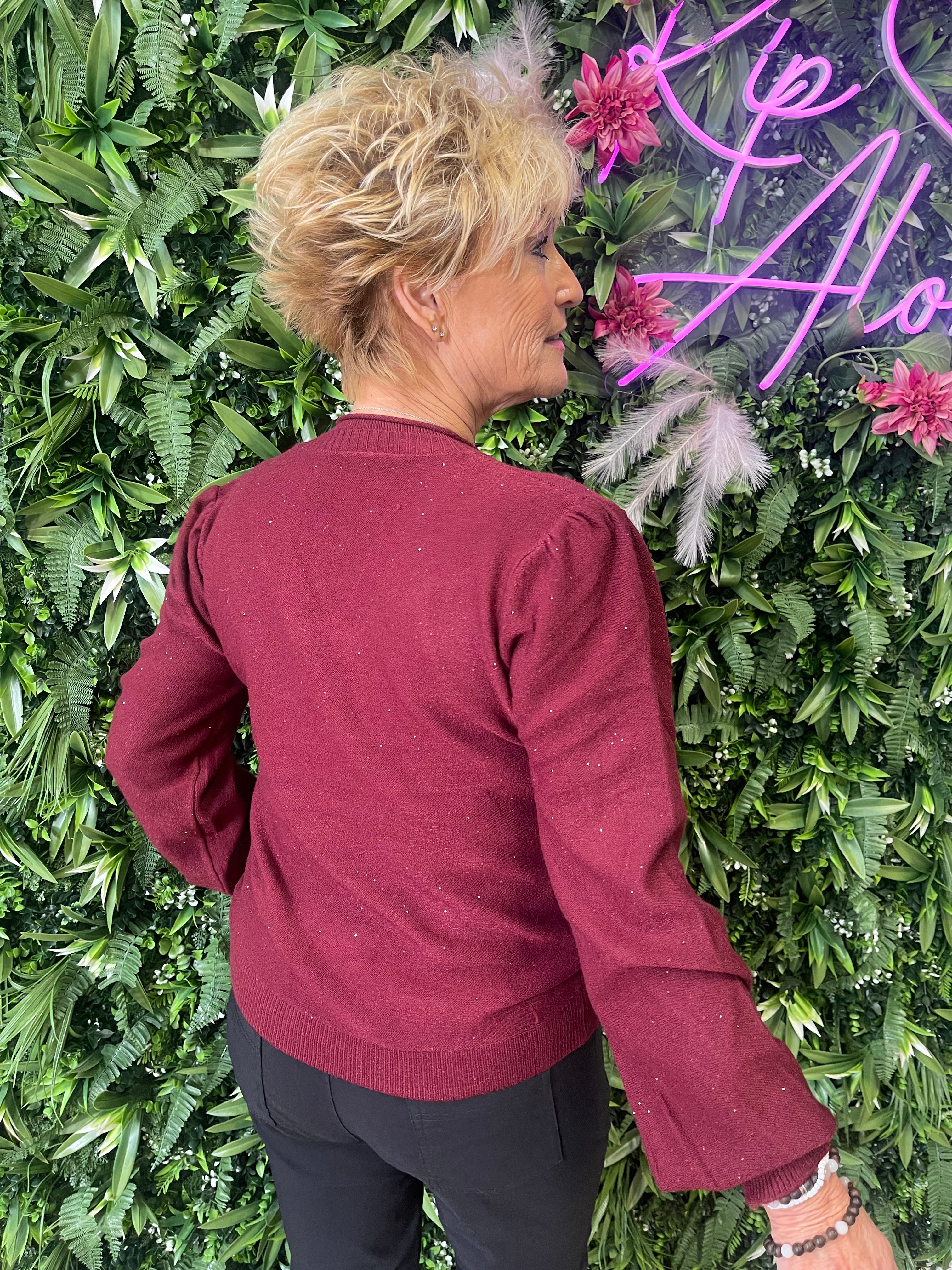 Trui v-hals met glitters bordeaux