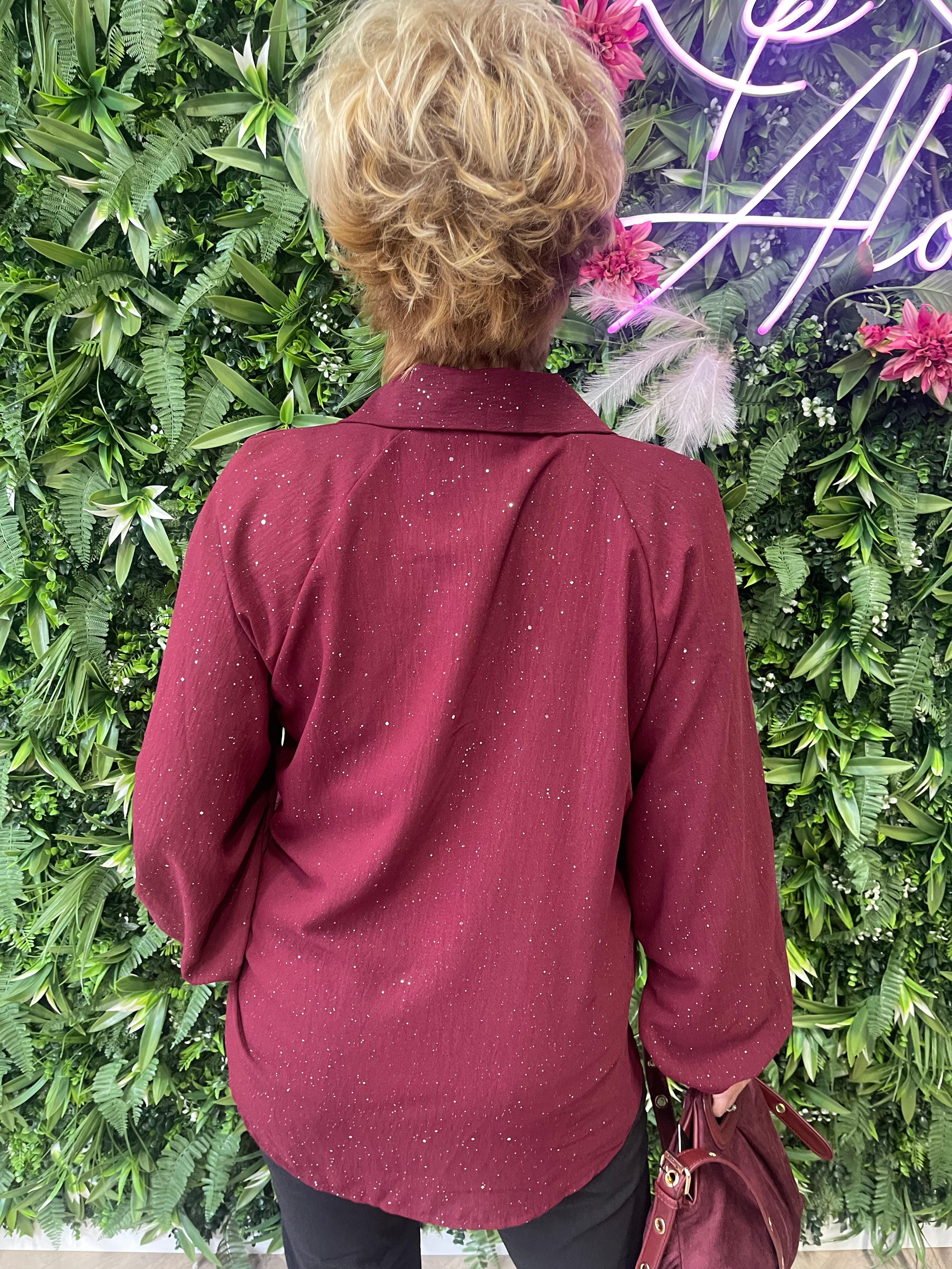 Top lange mouwen glitter v-hals met kraag bordeaux