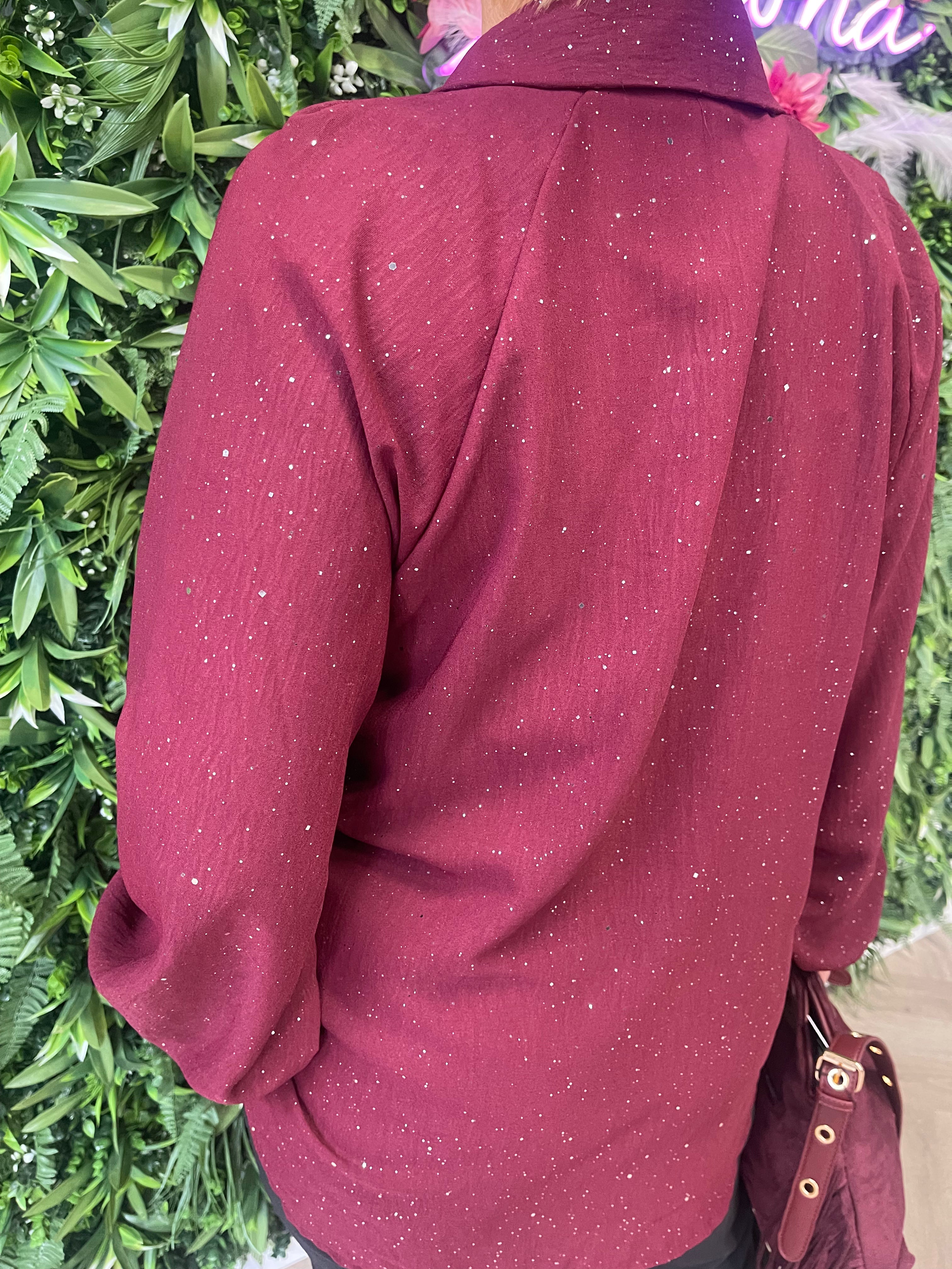 Top lange mouwen glitter v-hals met kraag bordeaux