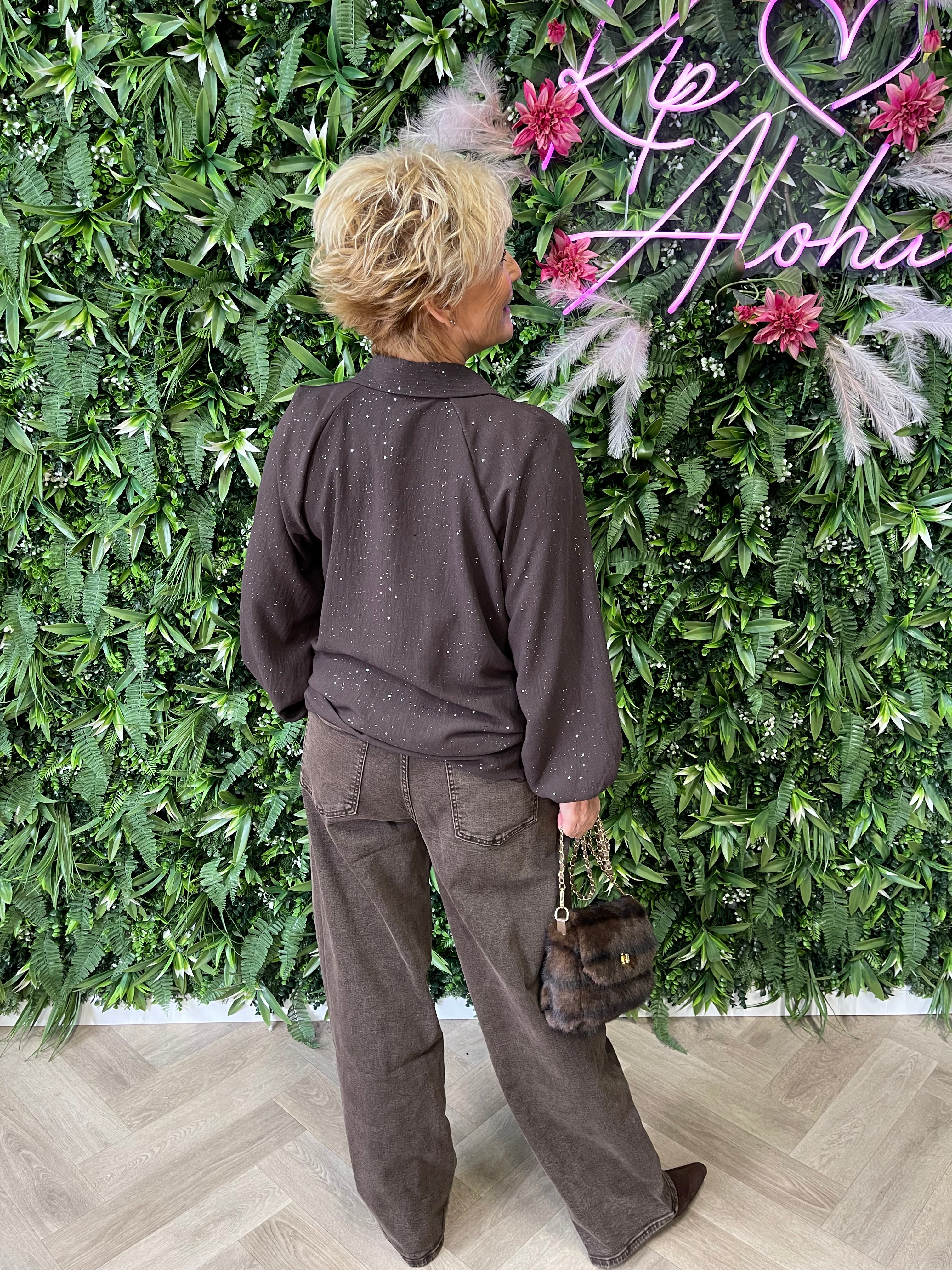 Top lange mouwen glitter v-hals met kraag donkerbruin