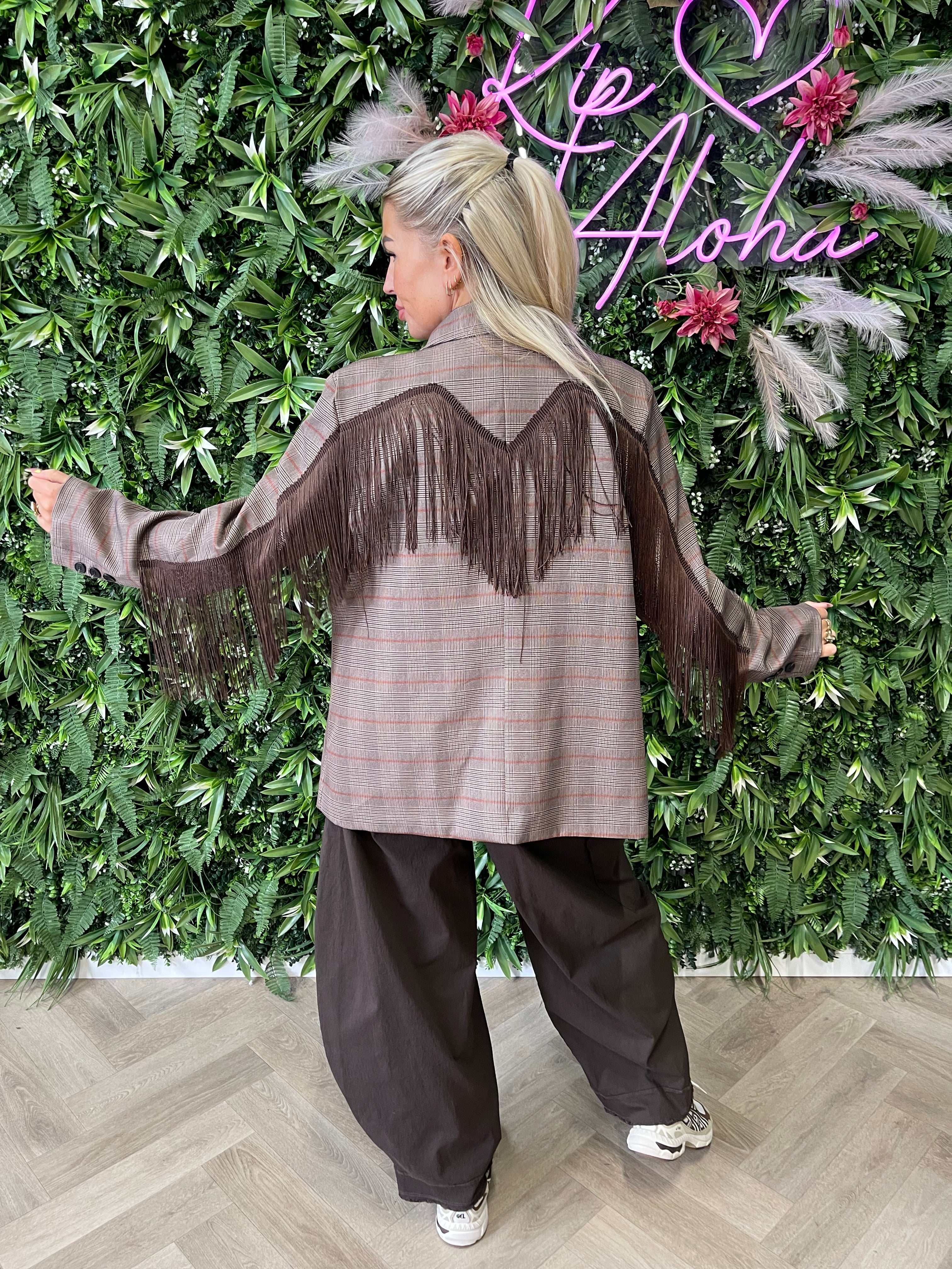 Blazer ruit franjes lichtbruin/brique