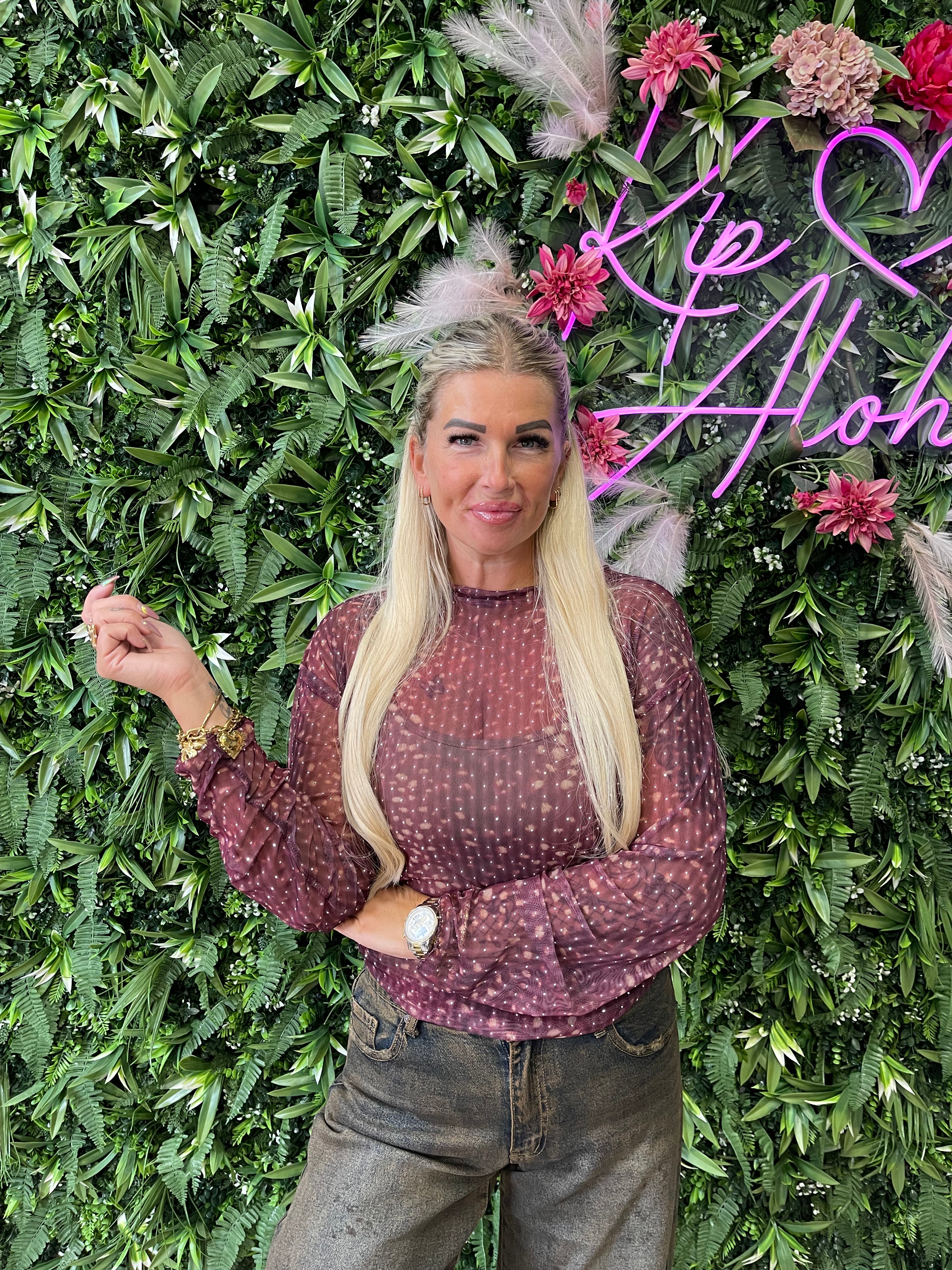 Mesh top strass print bambi aubergine