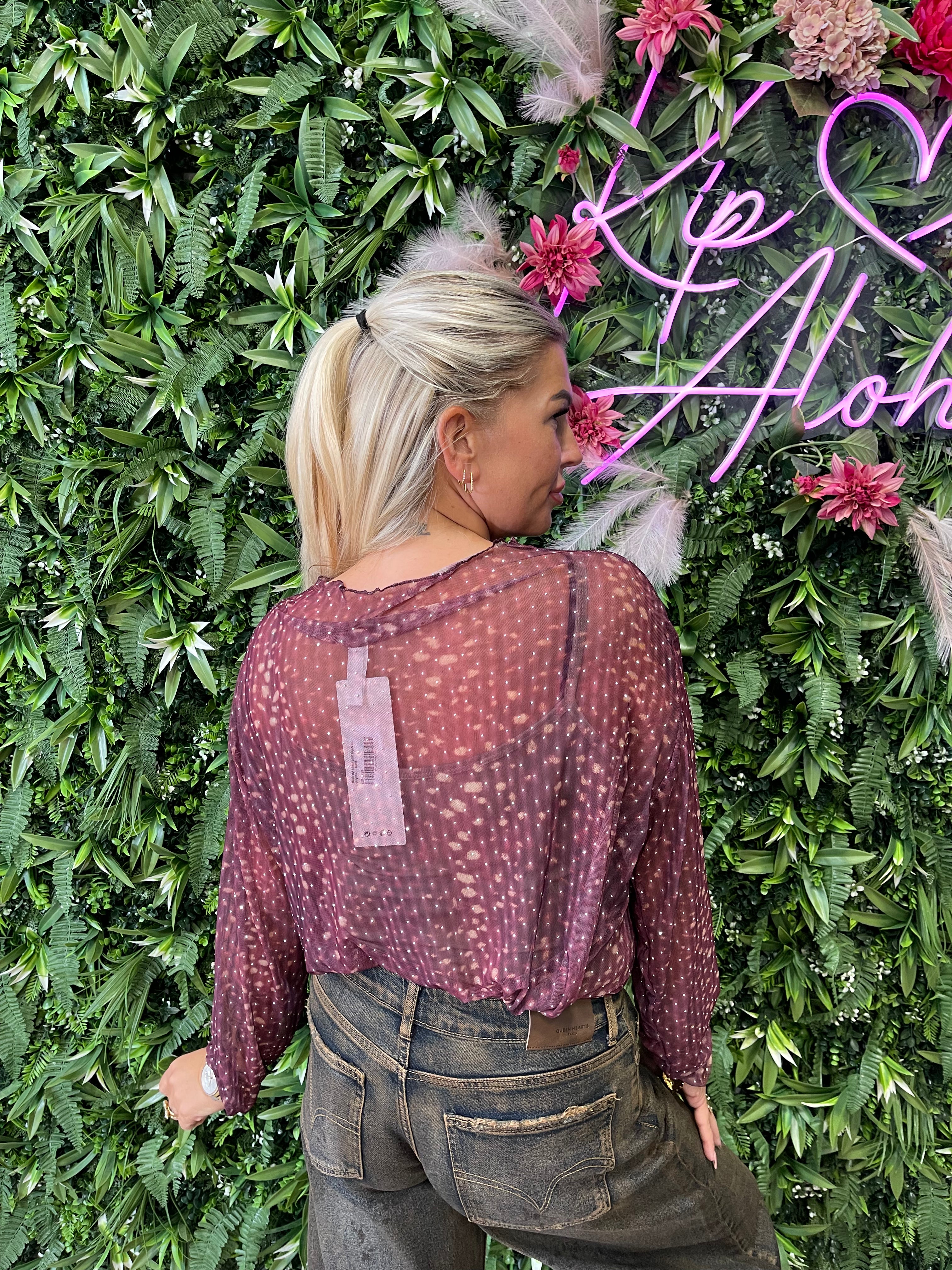 Mesh top strass print bambi aubergine
