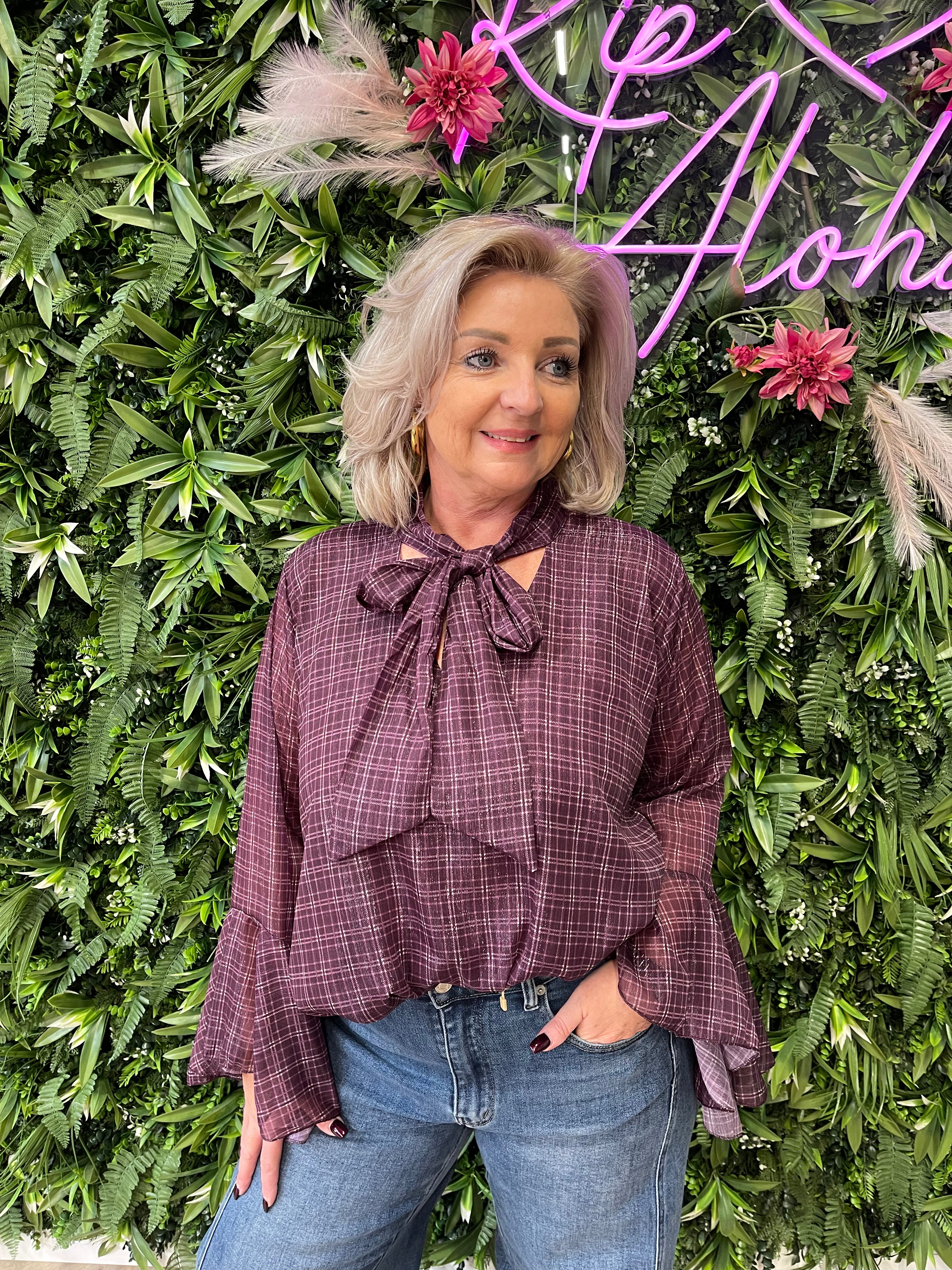 Blouse trompetmouwen print paars