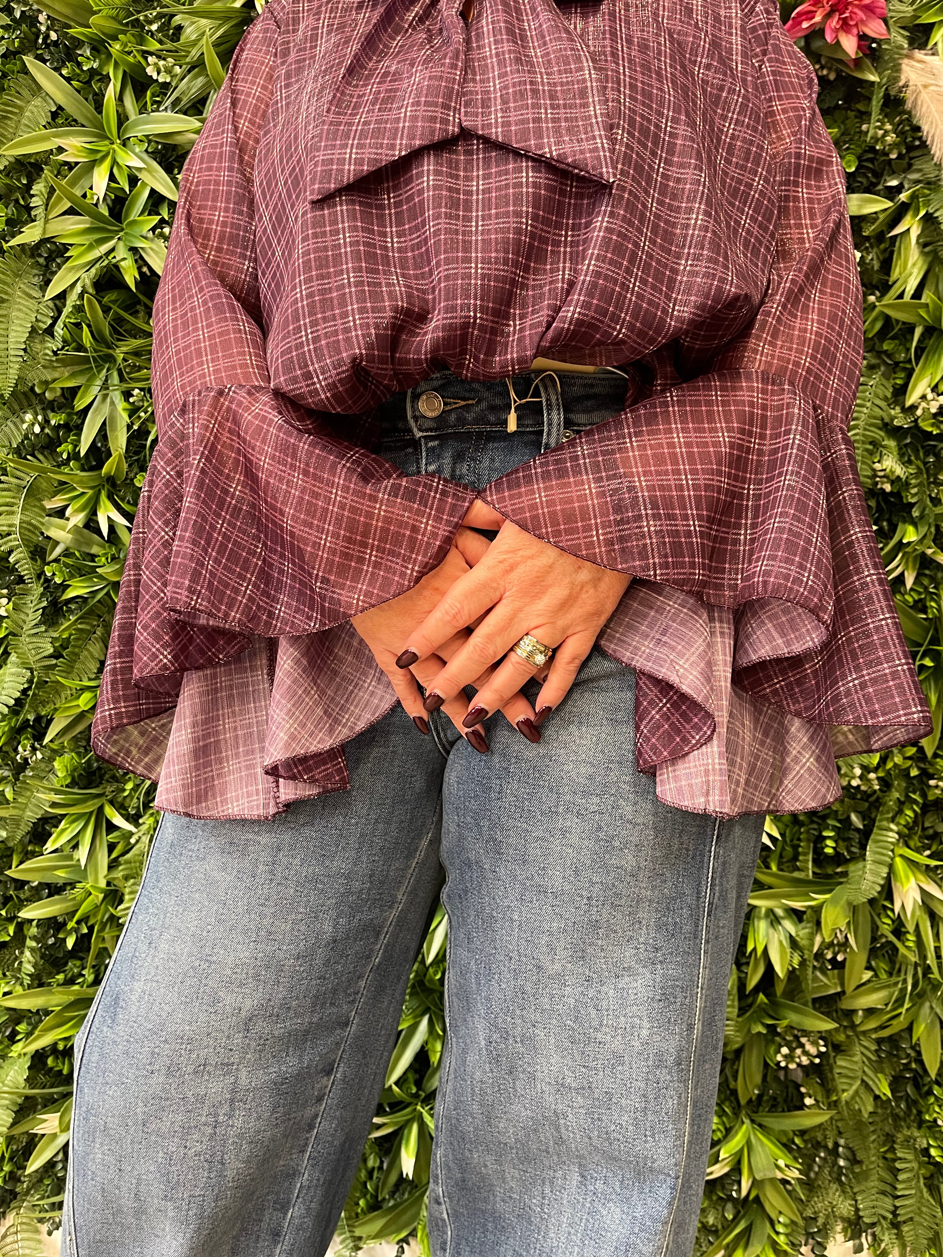 Blouse trompetmouwen print paars