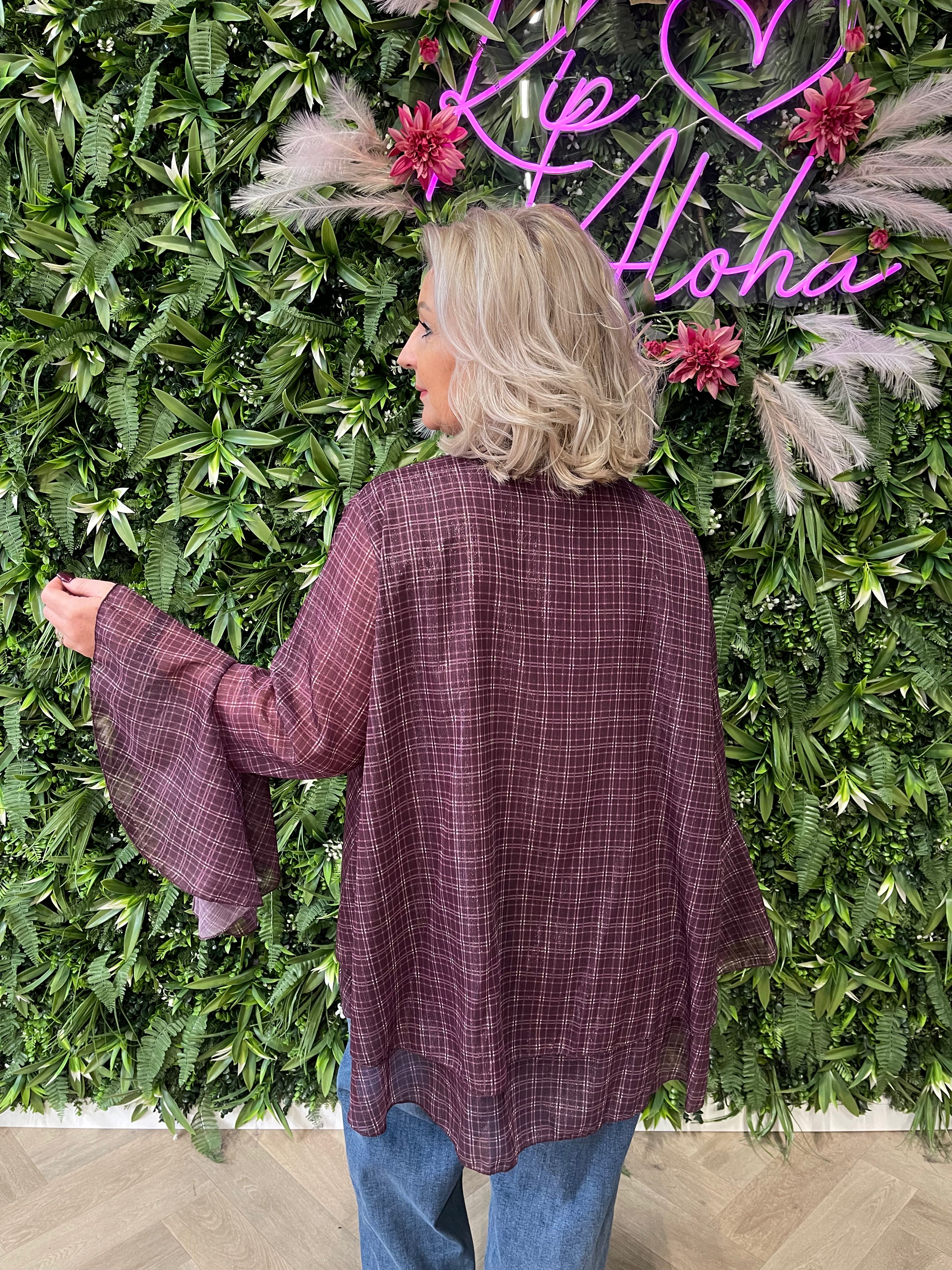Blouse trompetmouwen print paars