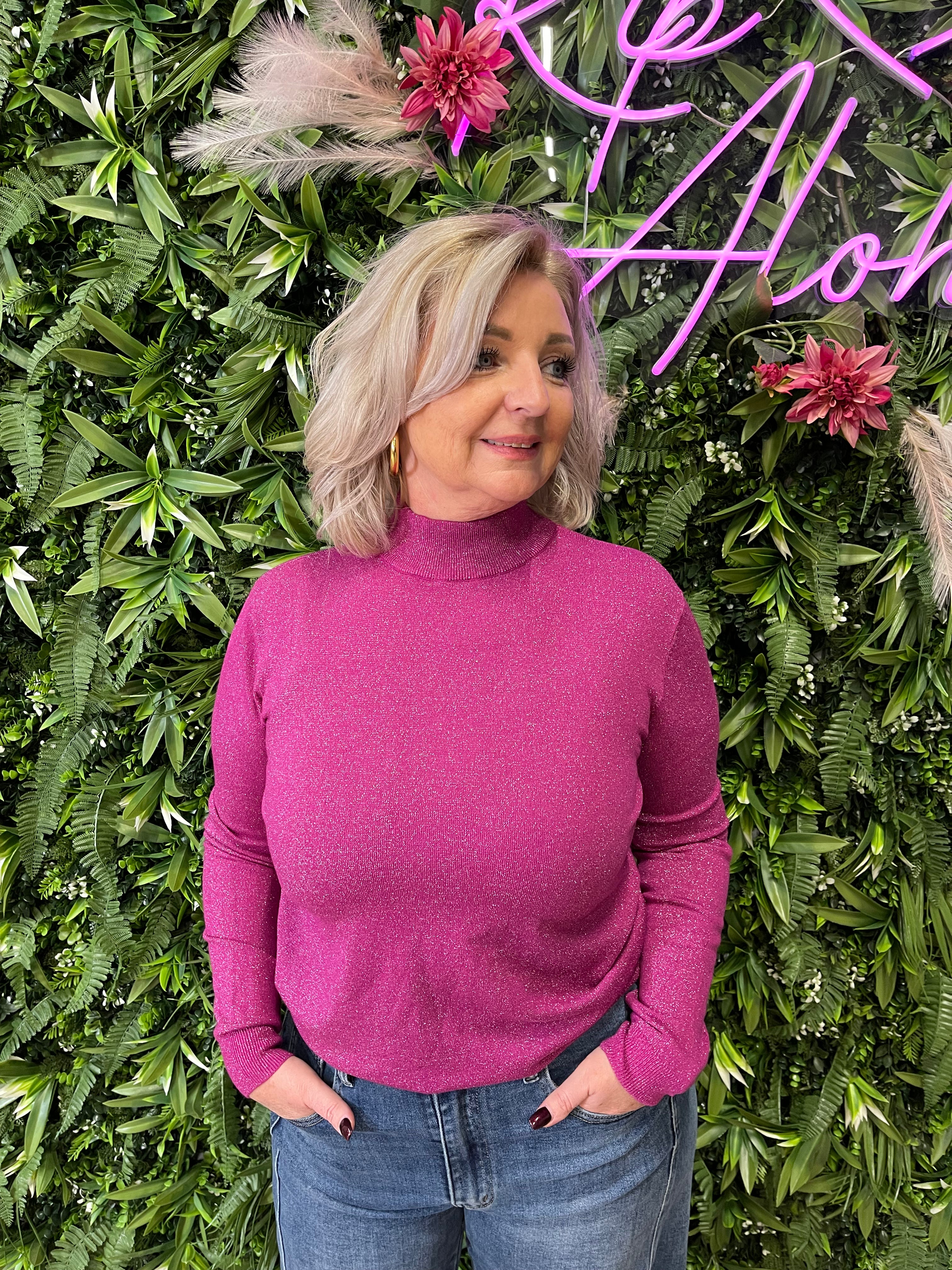 Glitter top turtle neck magenta