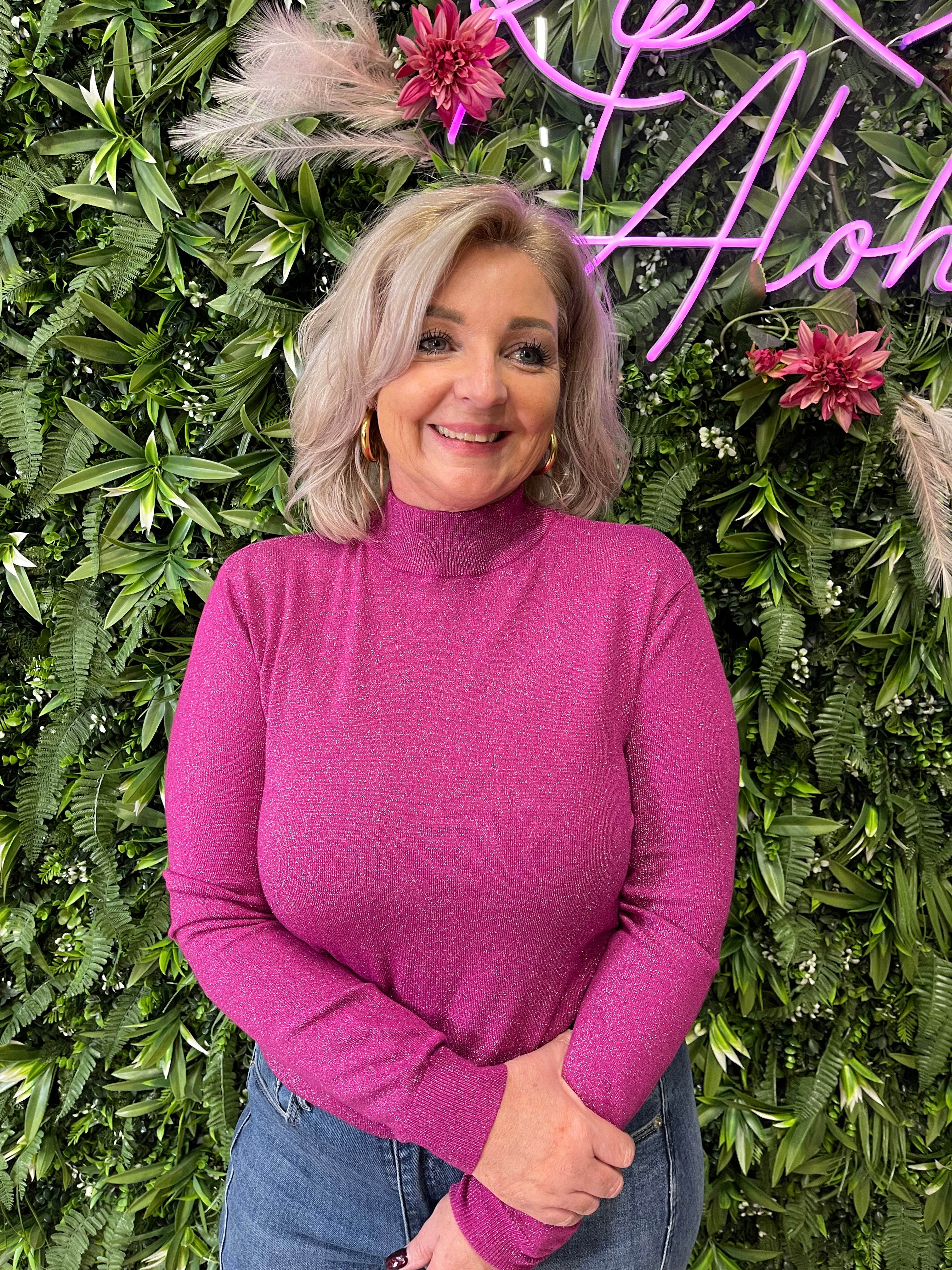 Glitter top turtle neck magenta