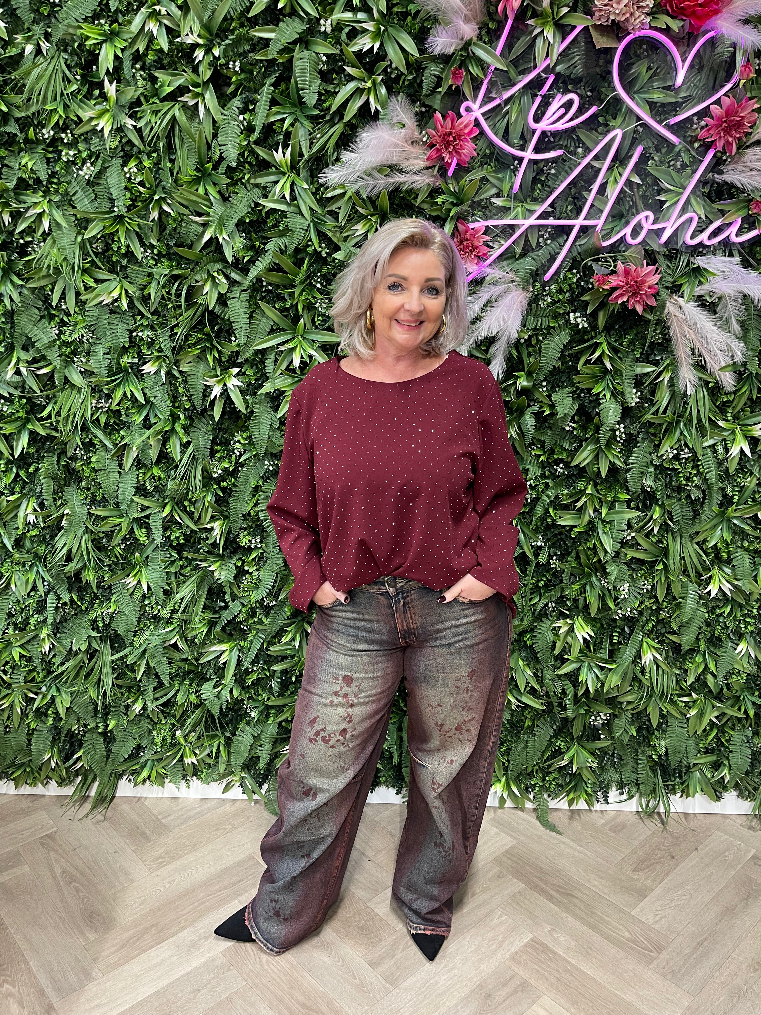 Top met strass steentjes bordeaux