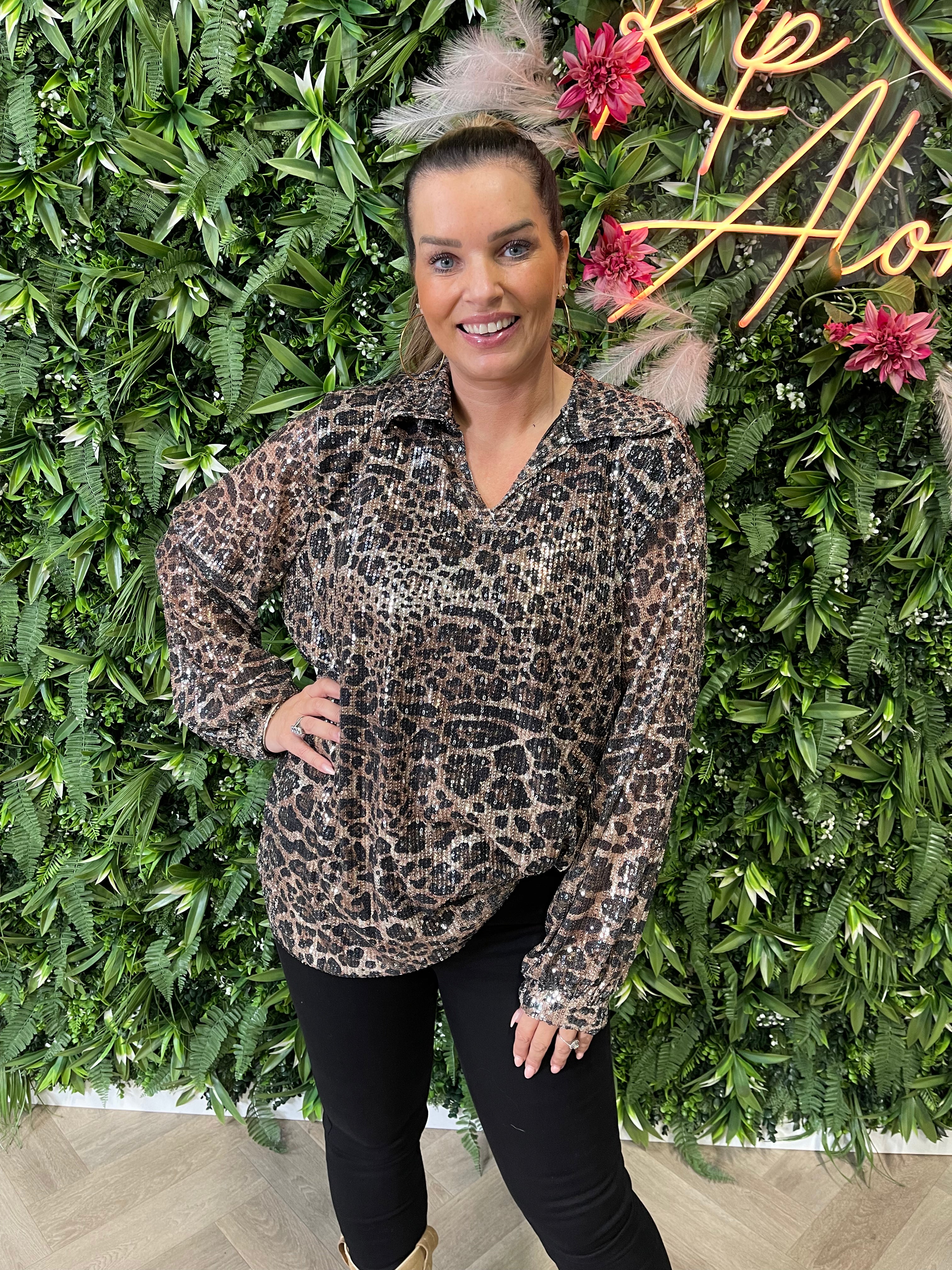 Blouse pailletten panter zwart/lichtbruin