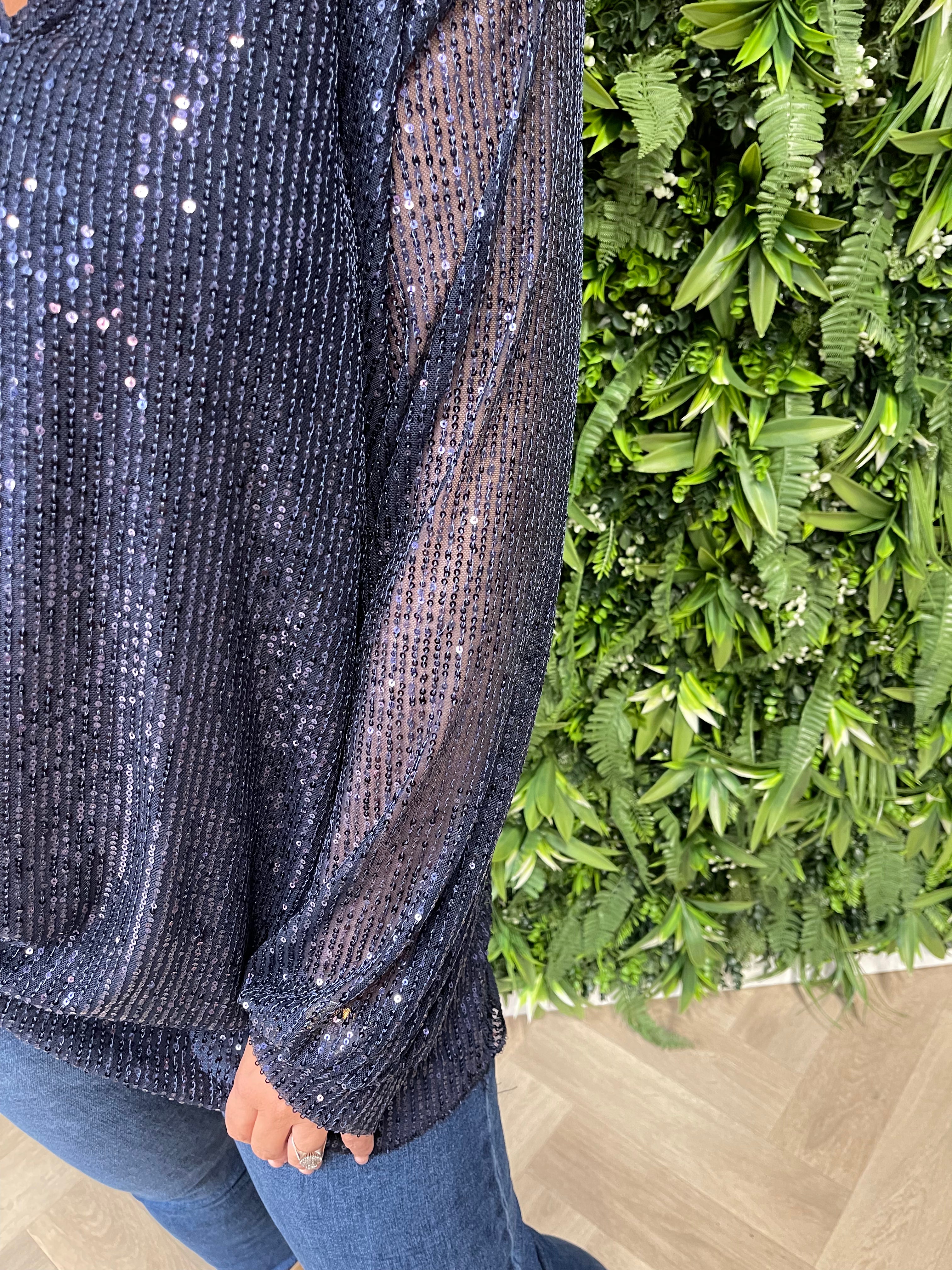 Blouse pailletten marineblauw