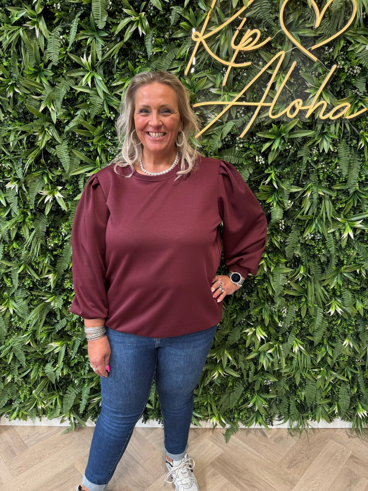 Sweater lange pofmouwen uni bordeaux