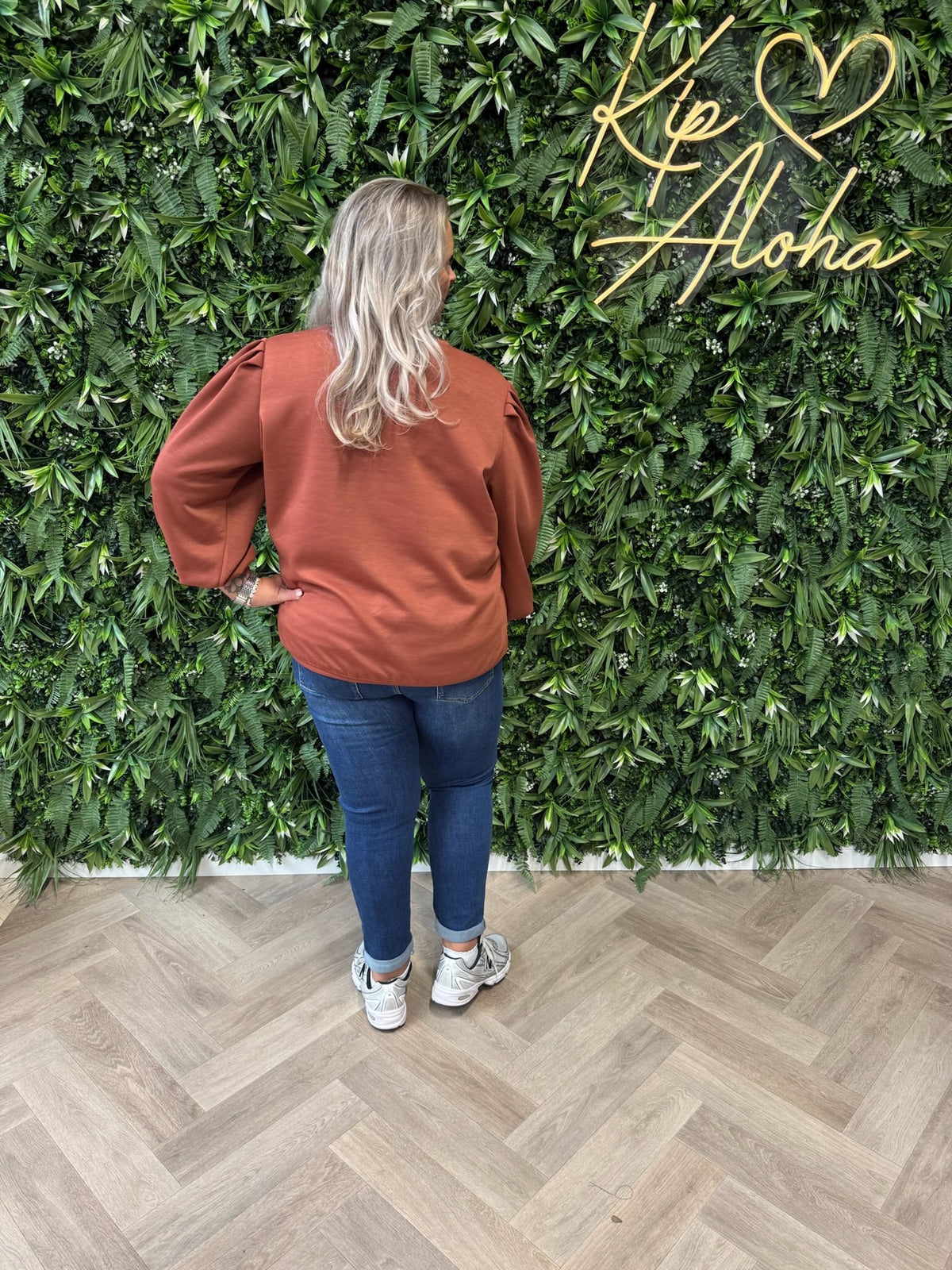 Sweater lange pofmouwen uni terracotta