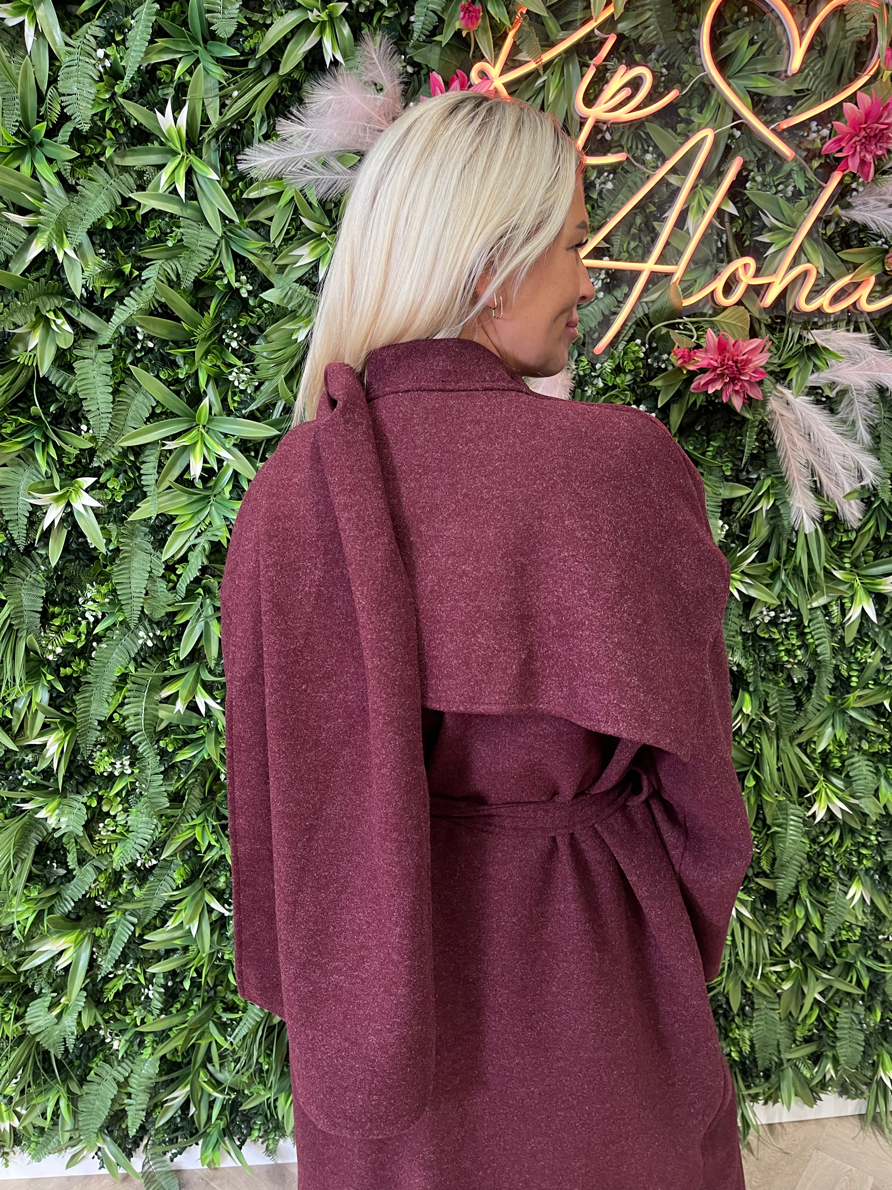 Lange mantel jas met sjaal bordeaux