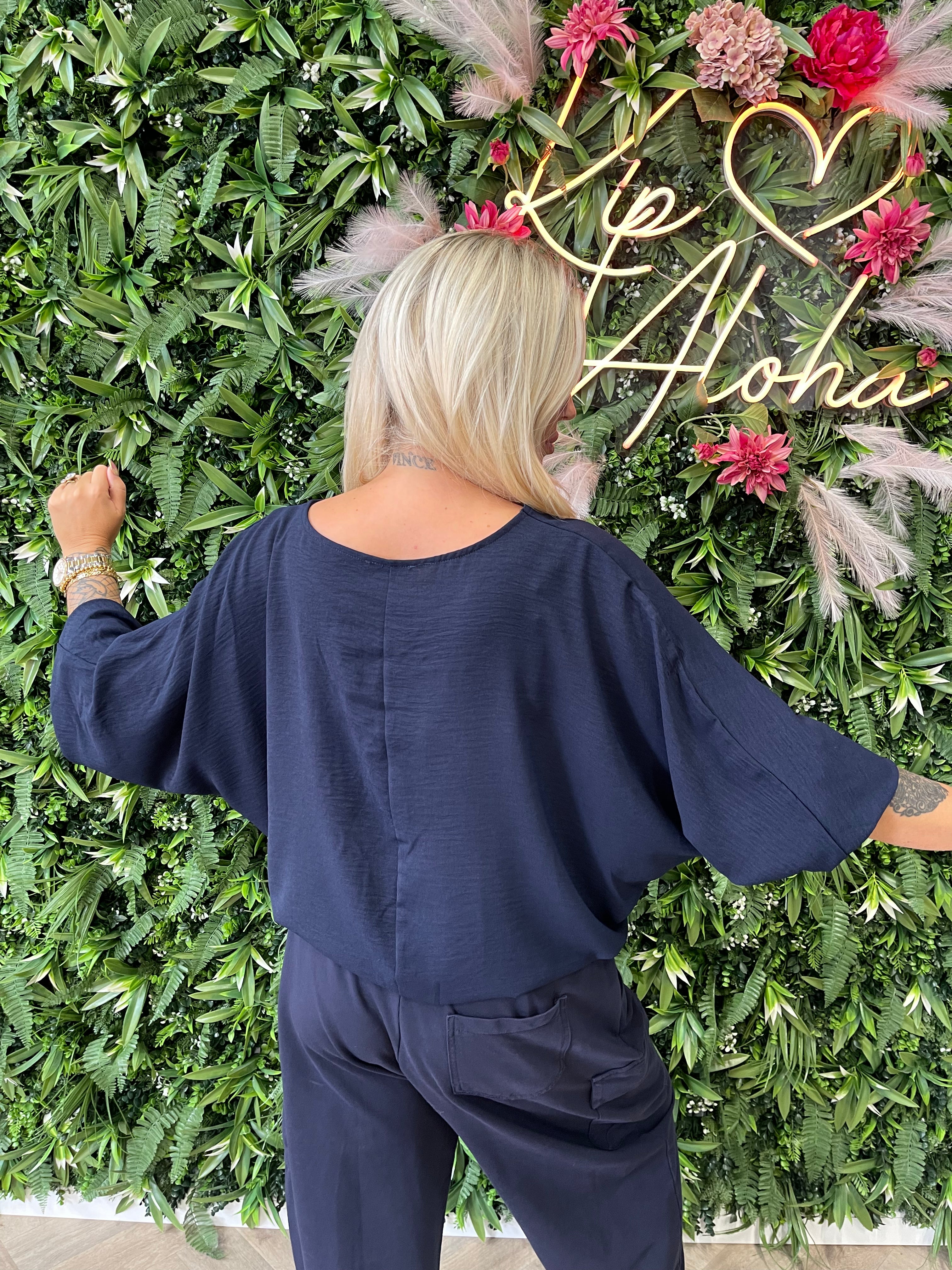 Top vleermuismouwen met elastieken onderkant marineblauw