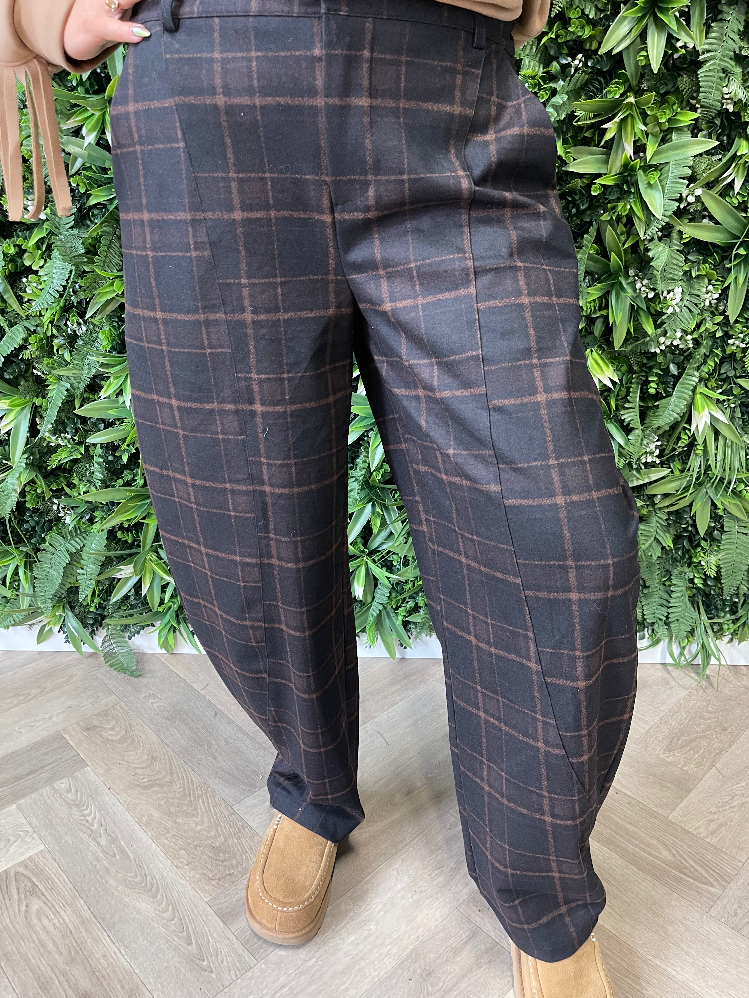 Pantalon barrel met ruit donkerbruin/camel
