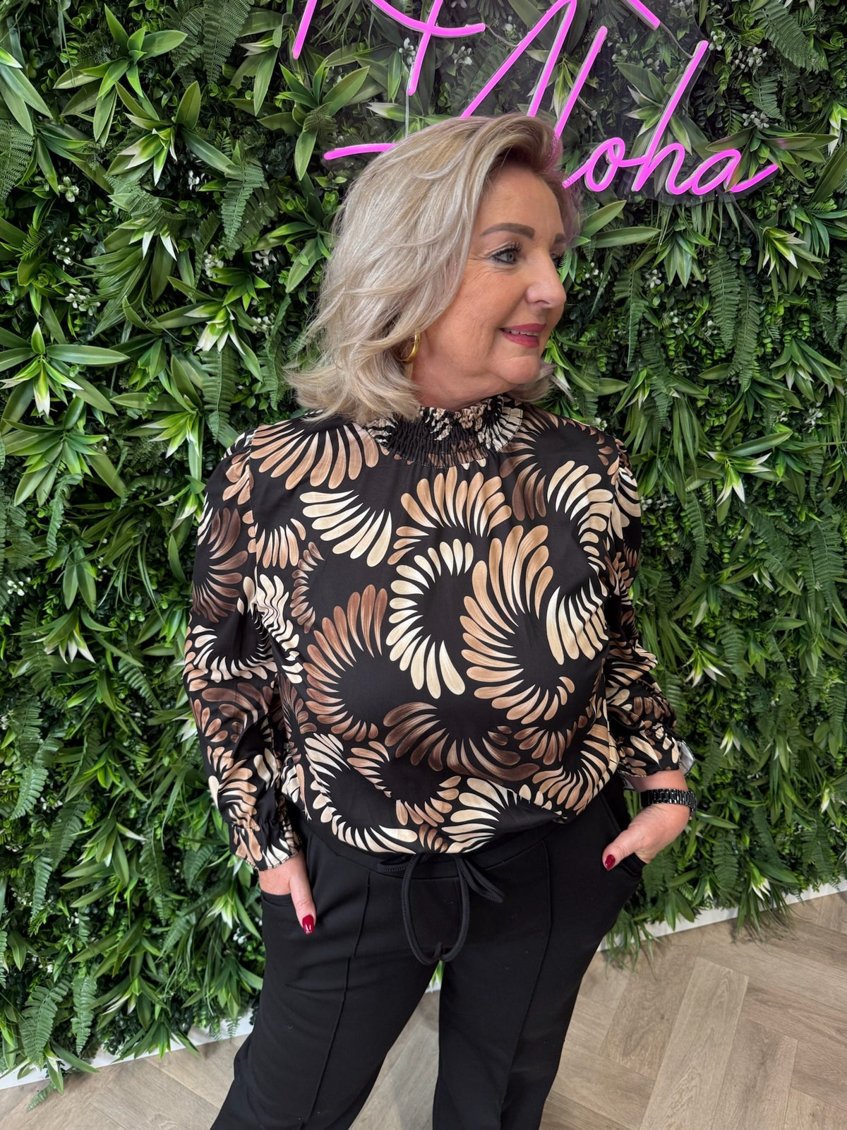 Top smock kraag bladeren print zwart
