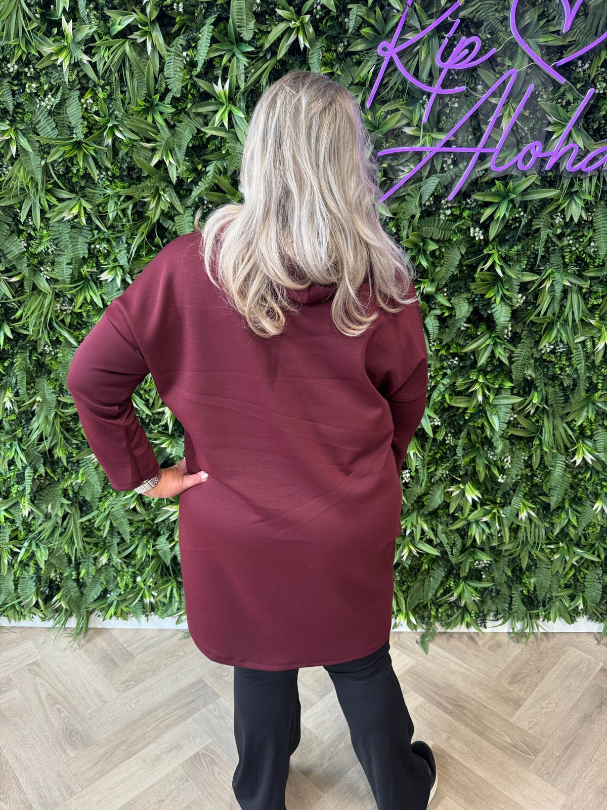 Sweaterdress met capuchon uni bordeaux