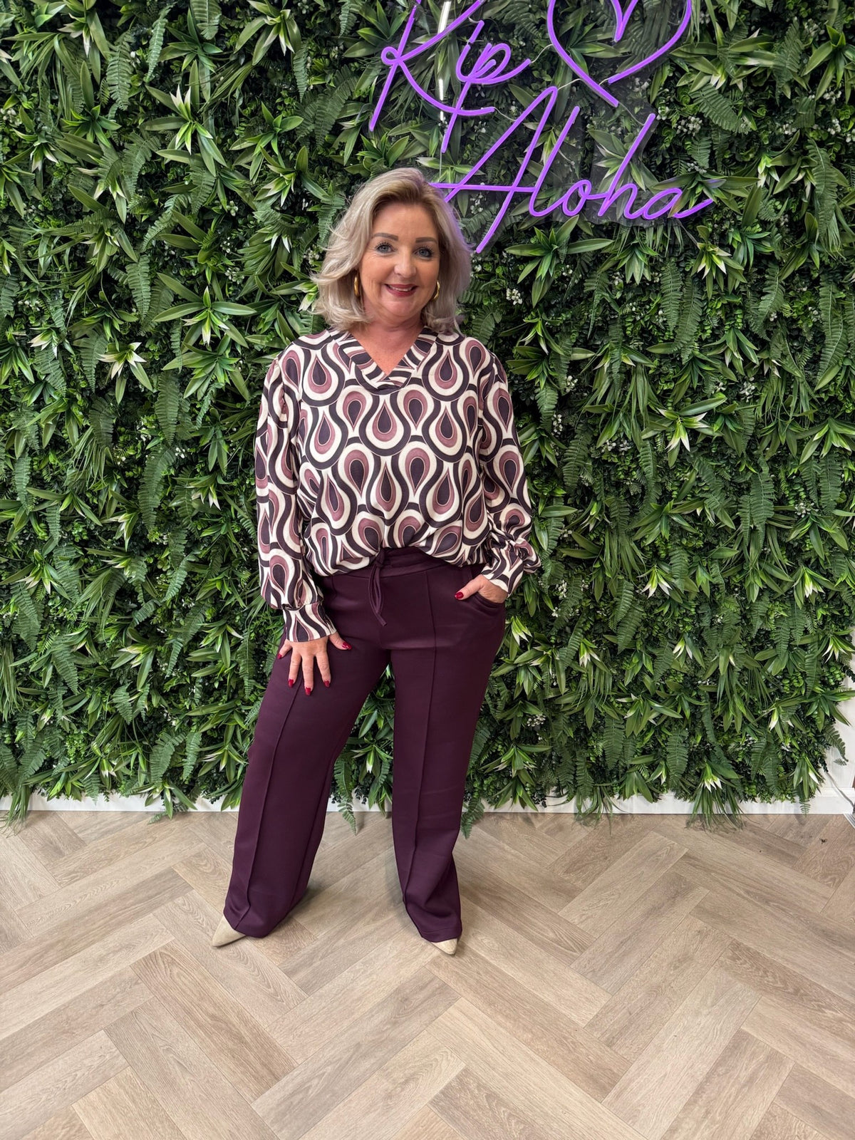 Top v-hals print druppel aubergine