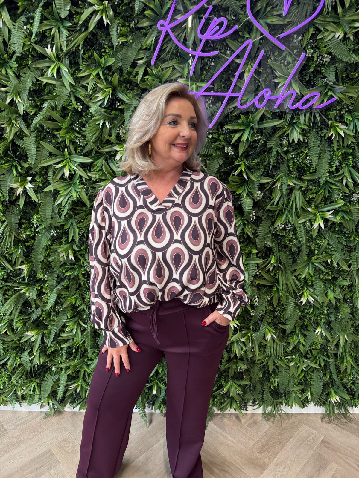 Top v-hals print druppel aubergine