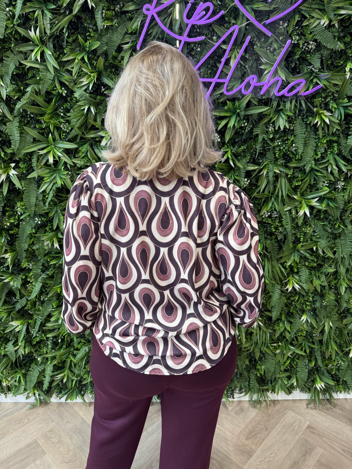 Top v-hals print druppel aubergine