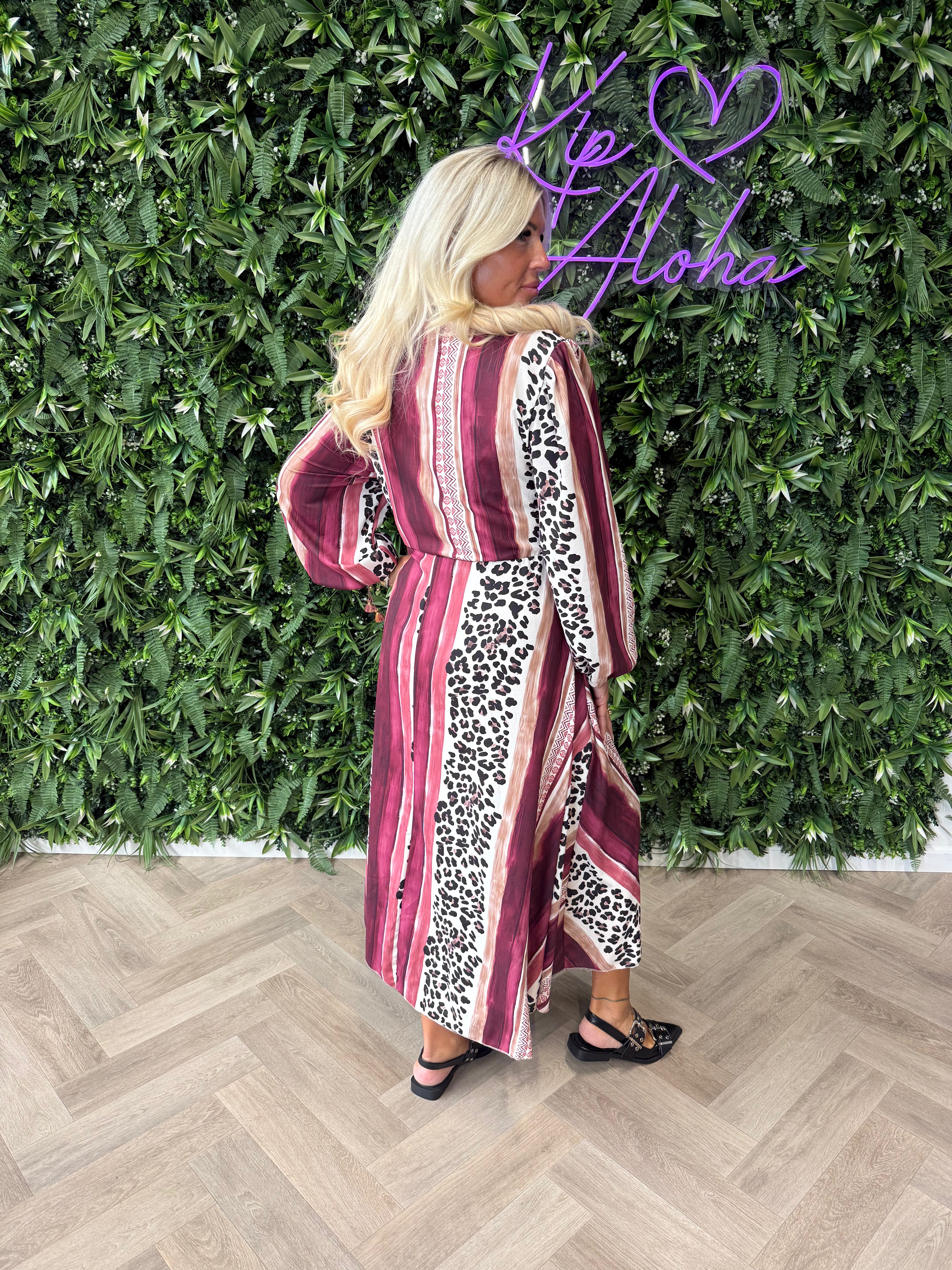 Lange overslag jurk panter bordeaux