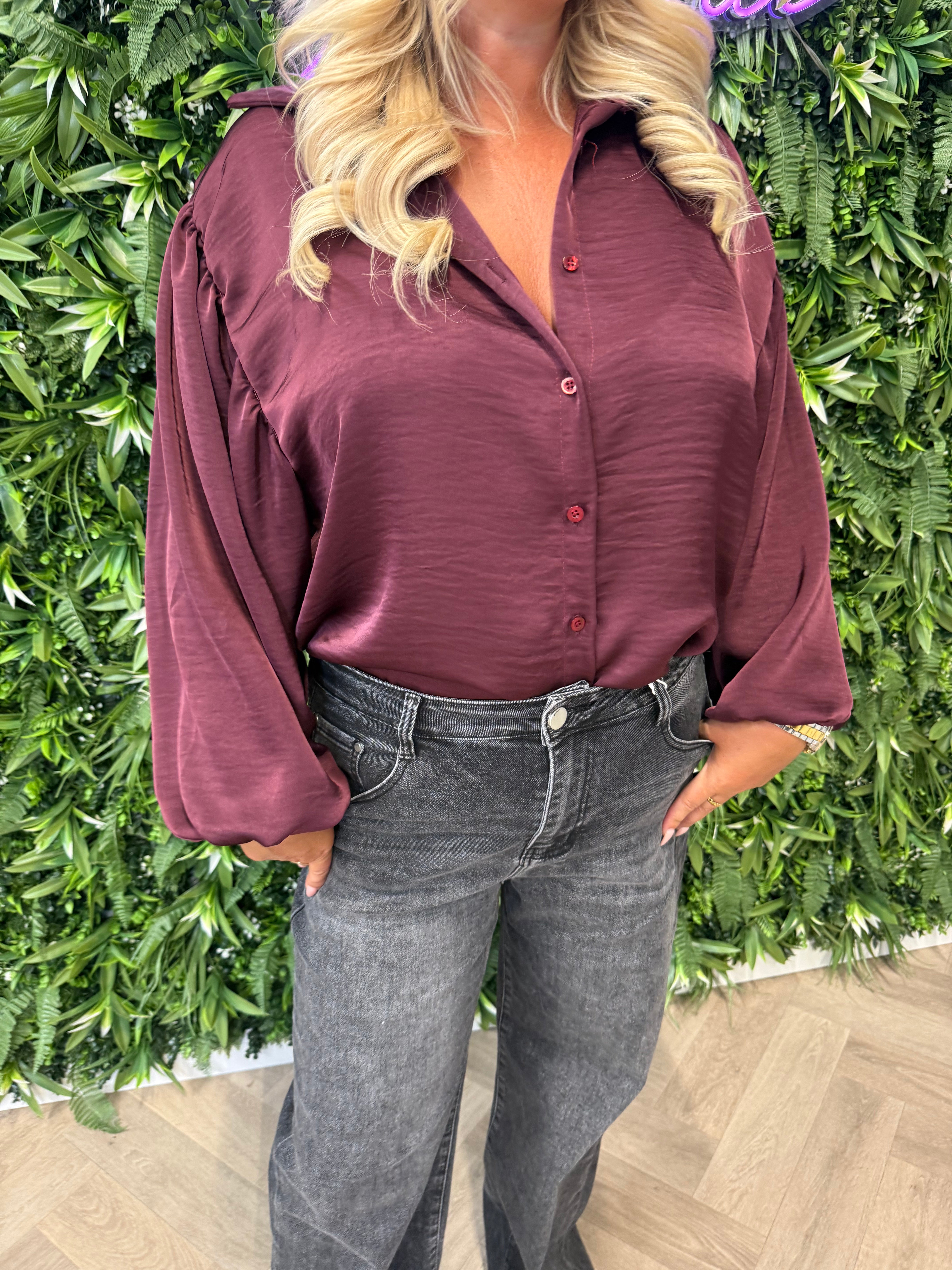 Silky blouse pofmouwen bordeaux