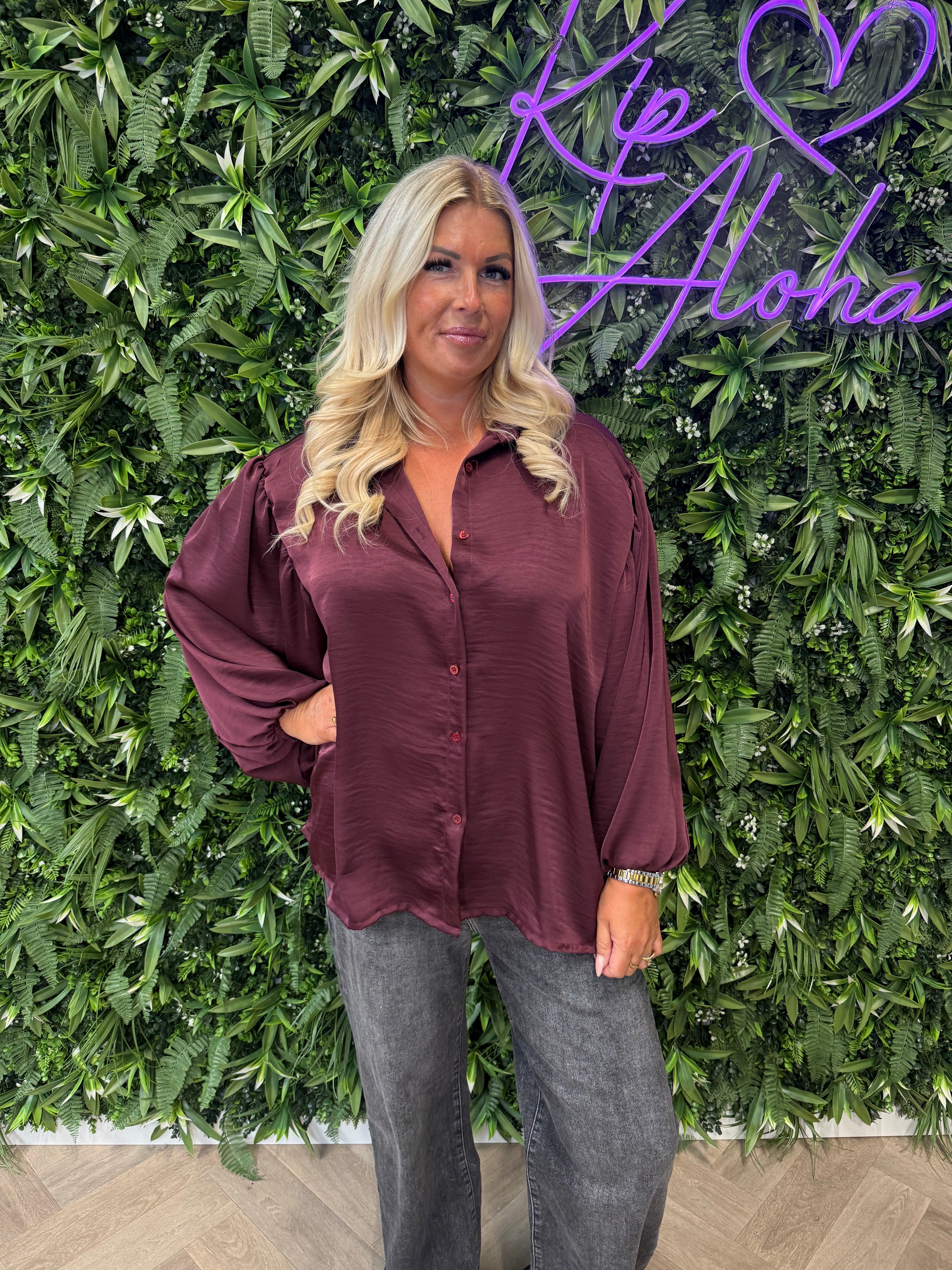 Silky blouse pofmouwen bordeaux