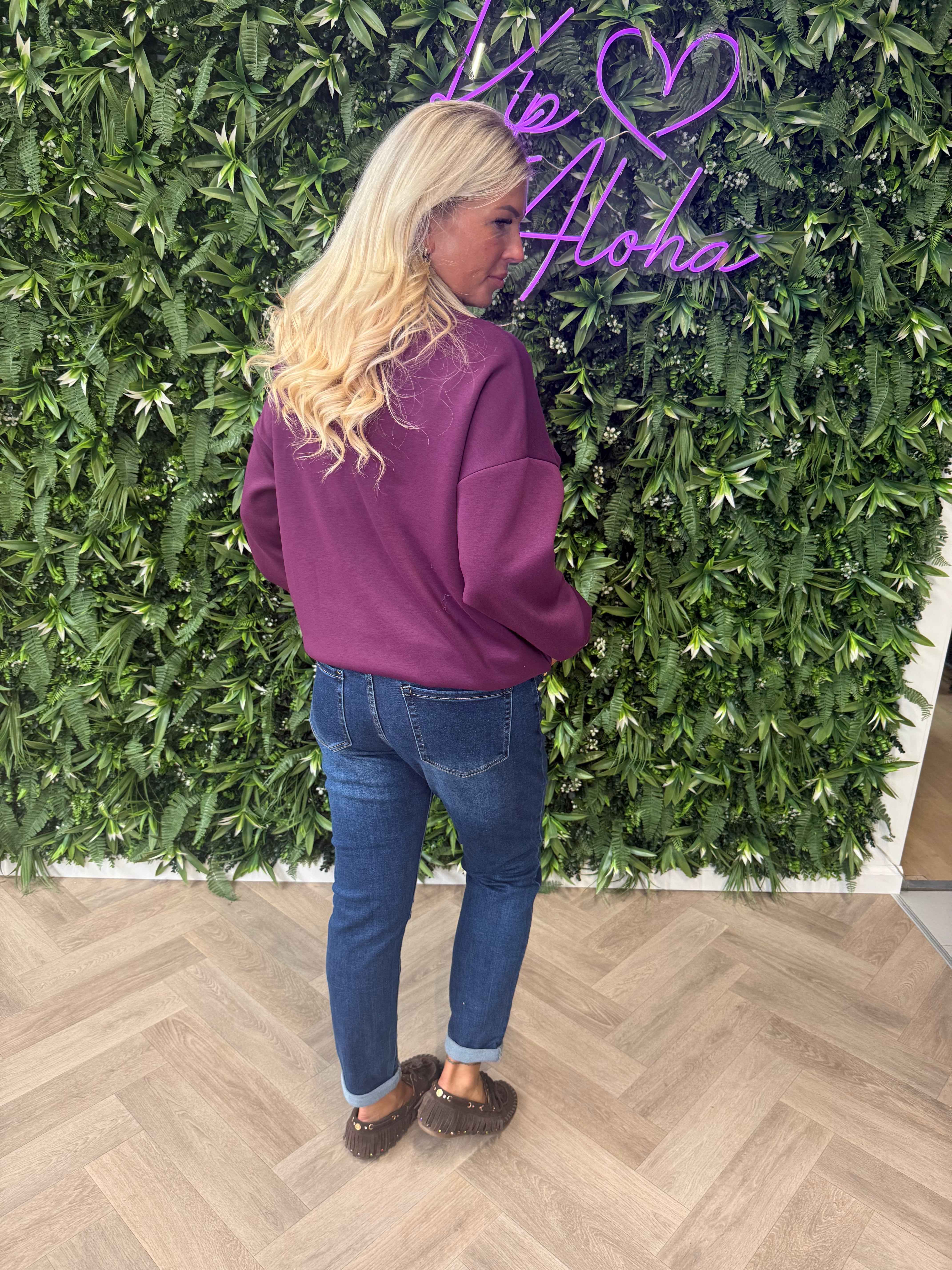 Trui met rits kraag uni aubergine