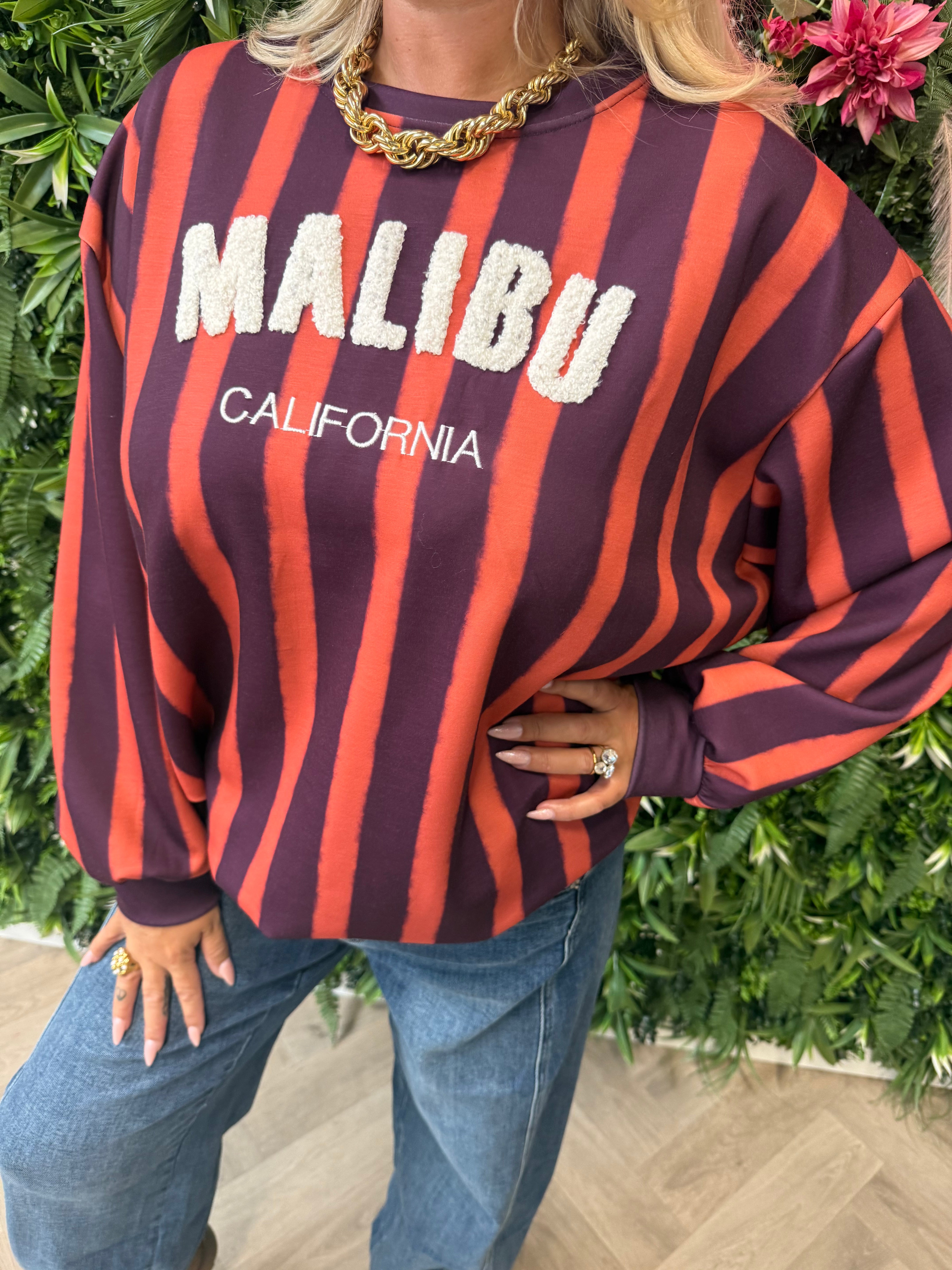 Gestreepte sweater malibu oranje/aubergine