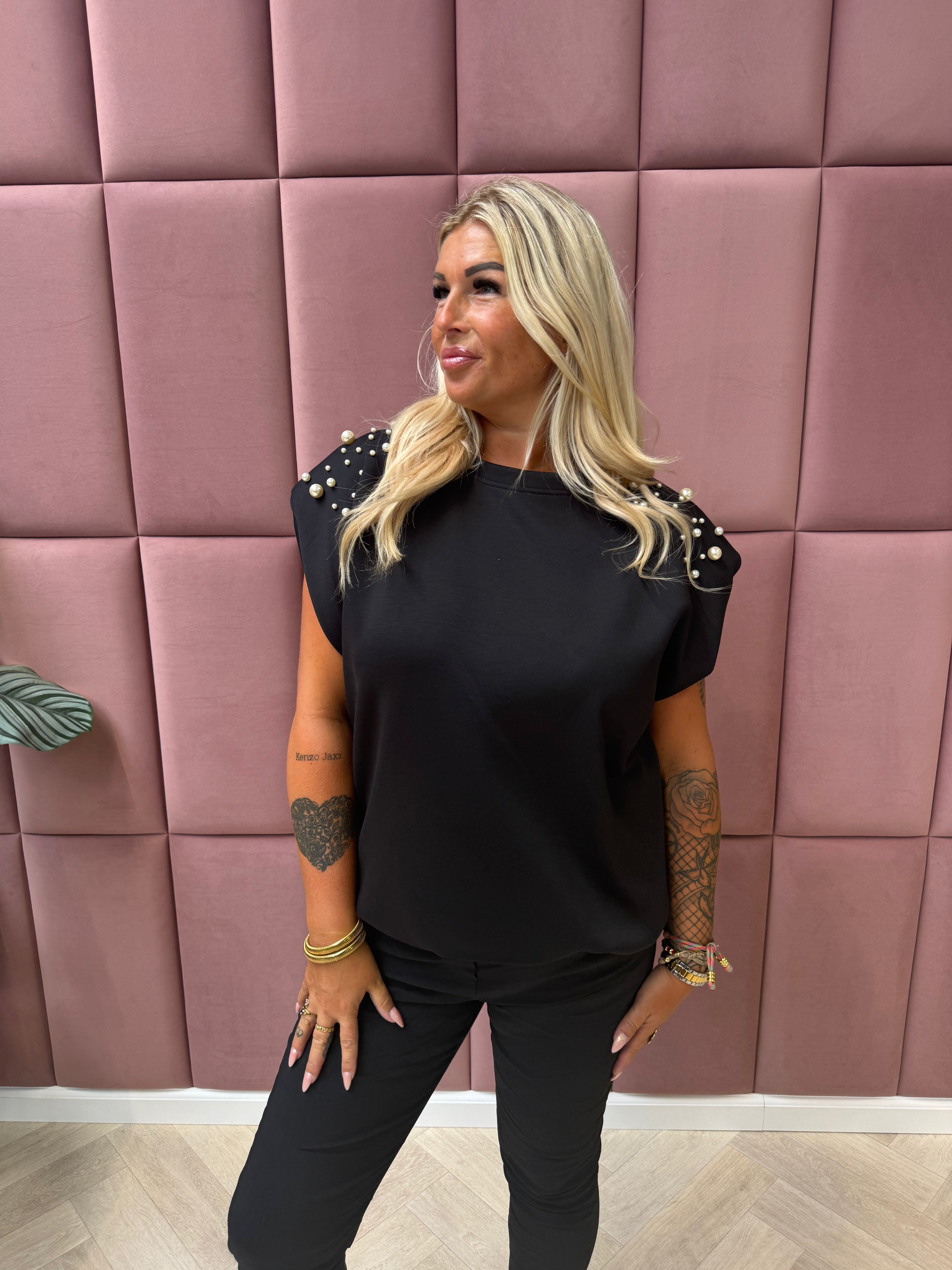 Shirt kapmouwen parels zwart